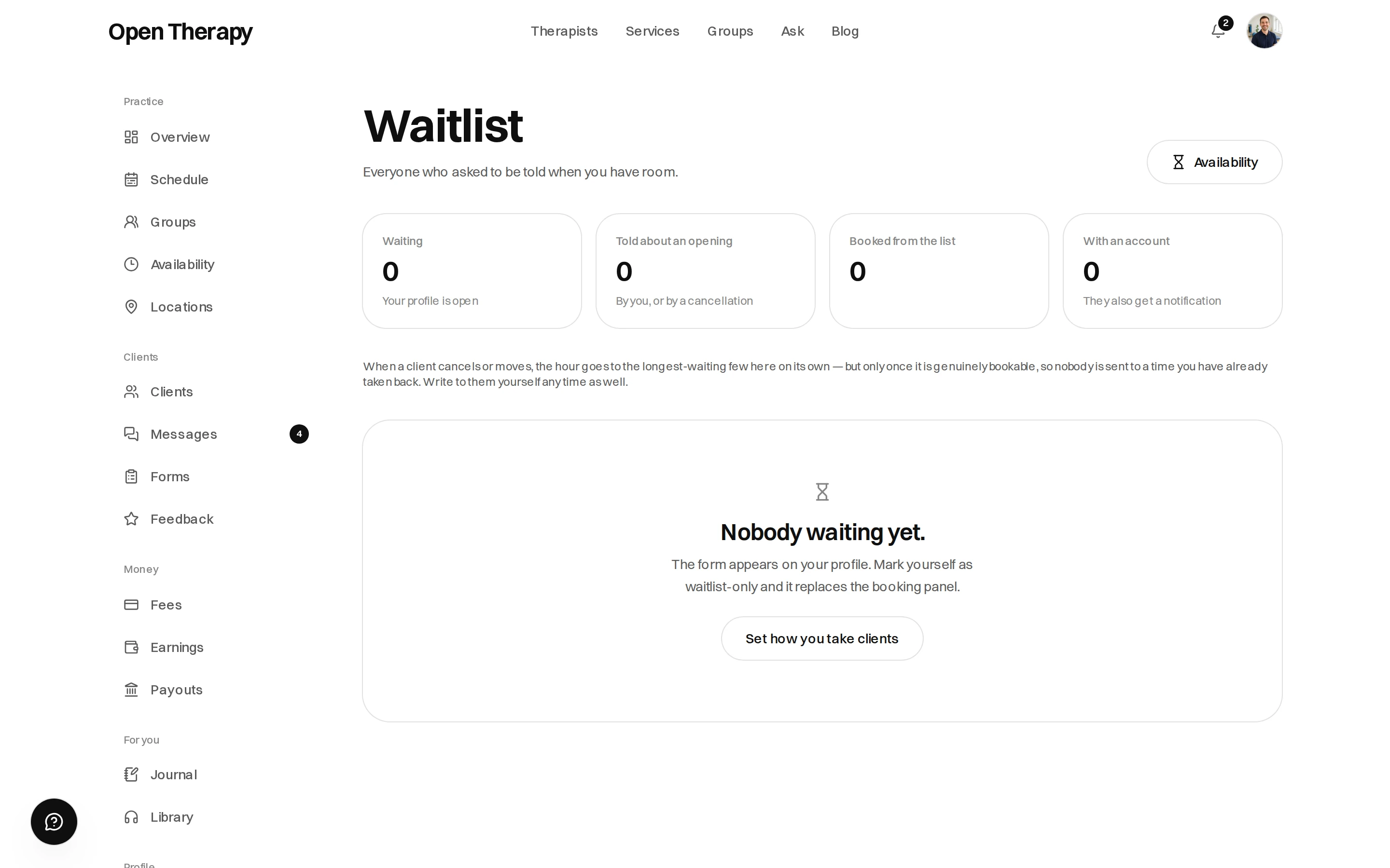 The Waitlist screen with an Availability button and four counts all reading zero: waiting, told about an opening, booked from the list, and with an account; below them an empty state reading Nobody waiting yet, explaining that the form appears on your profile when you mark yourself waitlist-only, with a button to set how you take clients