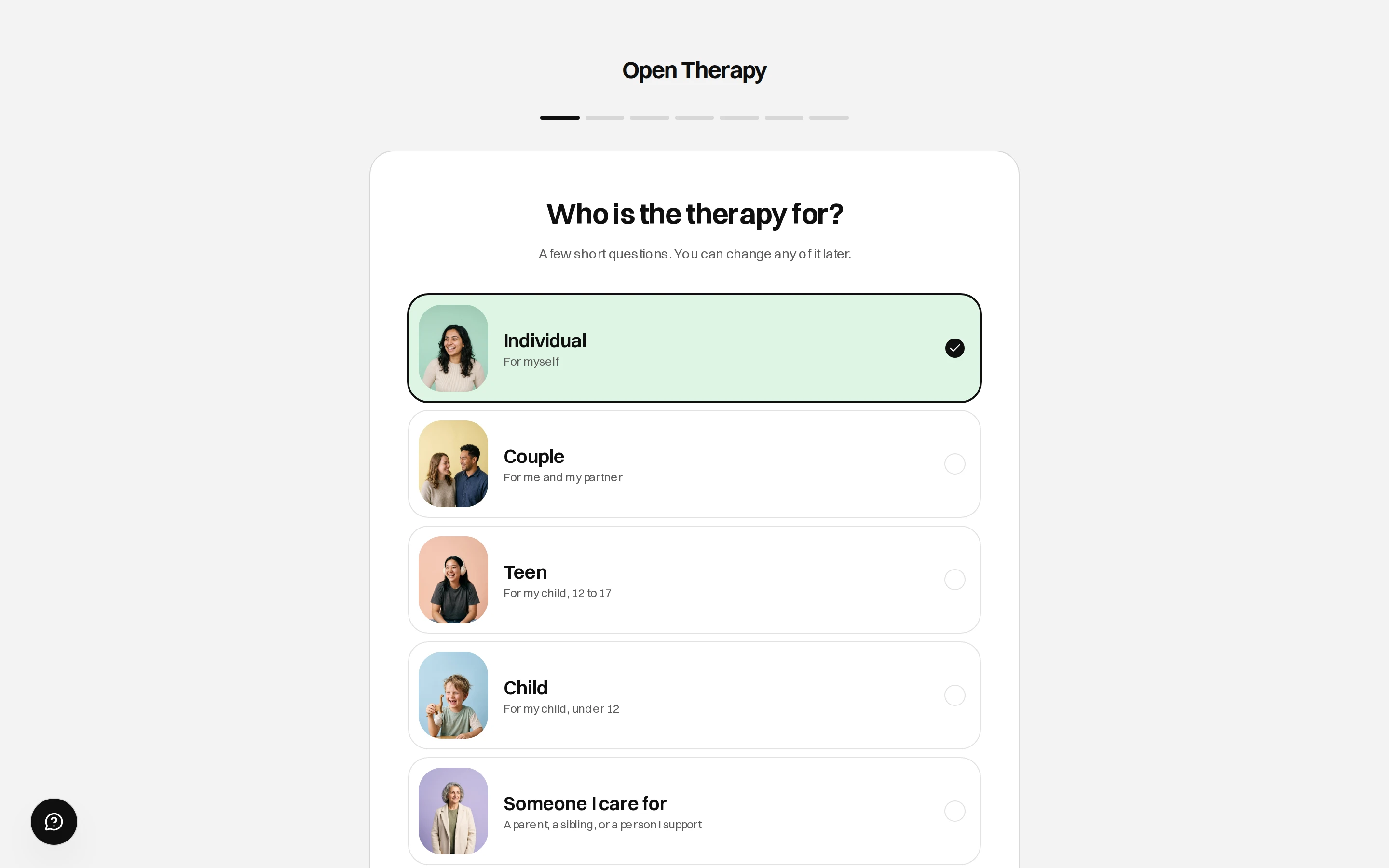 First screen of the matching questionnaire asking Who is the therapy for, with Individual selected and options for Couple, Teen, Child and Someone I care for listed below.