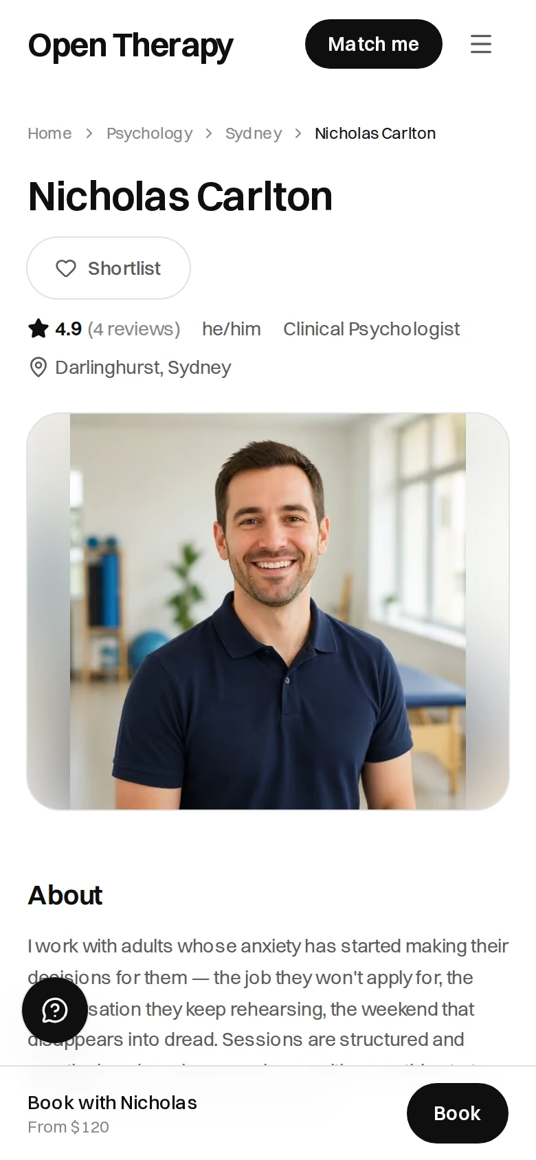 A therapist profile on a phone, showing the name, rating, pronouns and discipline above a portrait, with a bar fixed to the bottom of the screen reading Book with Nicholas, From \$120, and a Book button