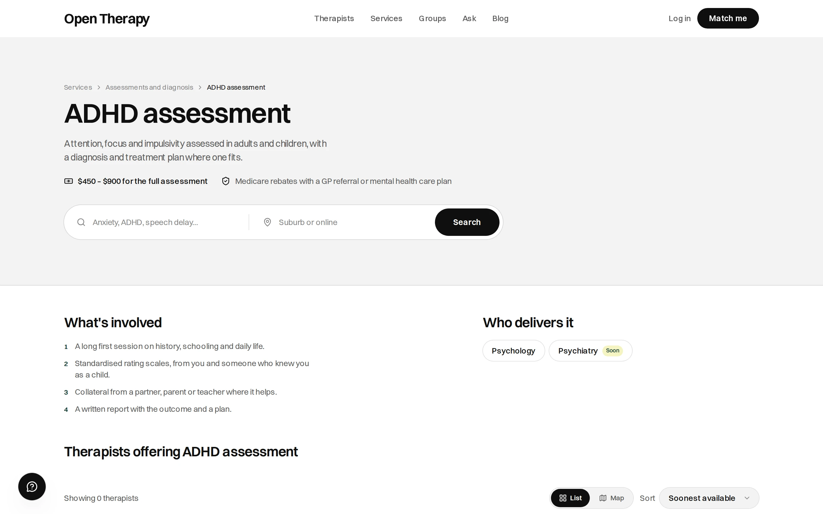 The public ADHD assessment service page, with a description of the assessment, a typical cost of $450 to $900, a funding note about Medicare rebates, a search bar for a suburb or online, a numbered What's involved list, and a Who delivers it panel listing Psychology and Psychiatry marked Soon
