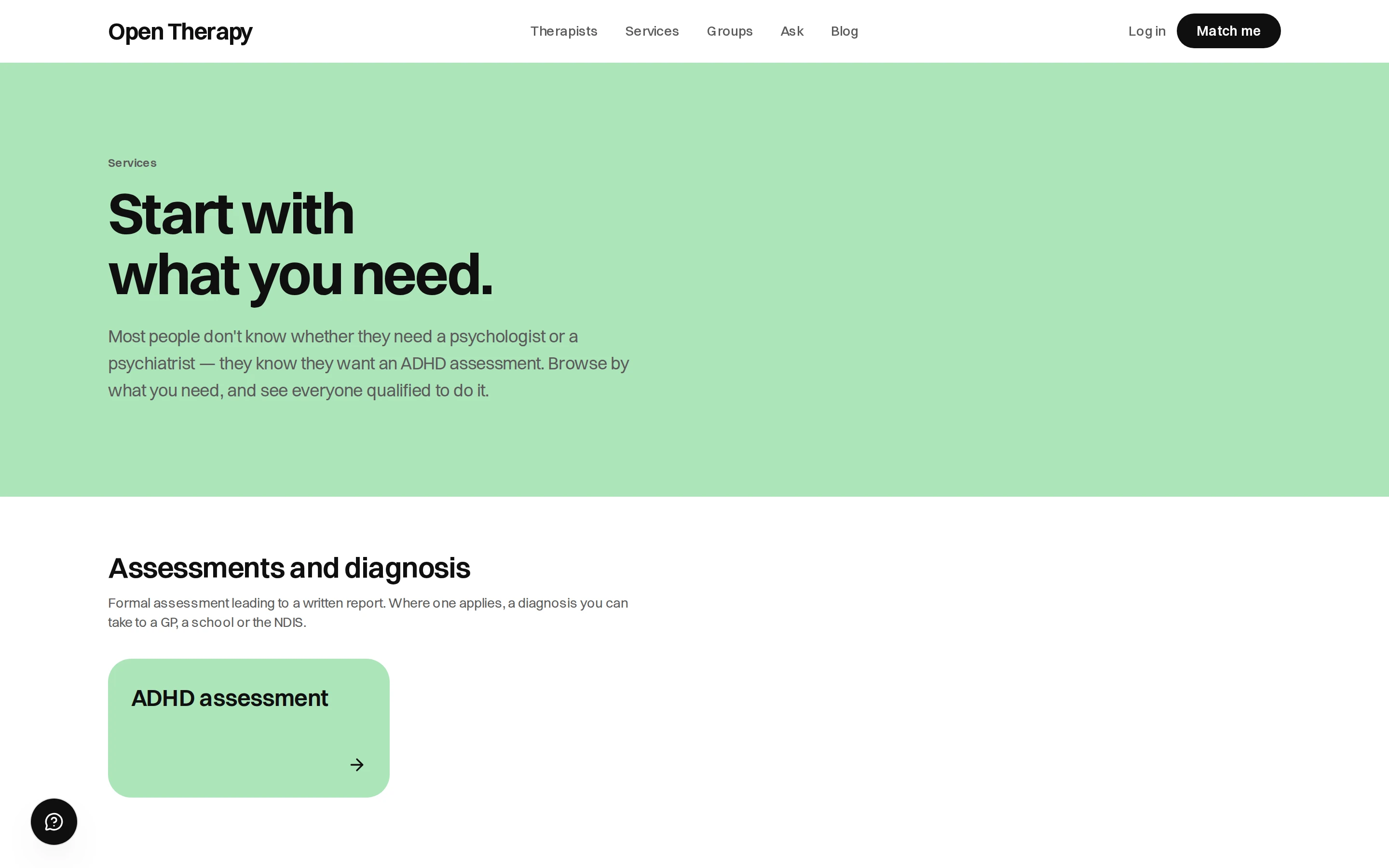 The Services page headed Start with what you need, explaining that you can browse by what you need and see everyone qualified to do it, above an Assessments and diagnosis group containing an ADHD assessment tile