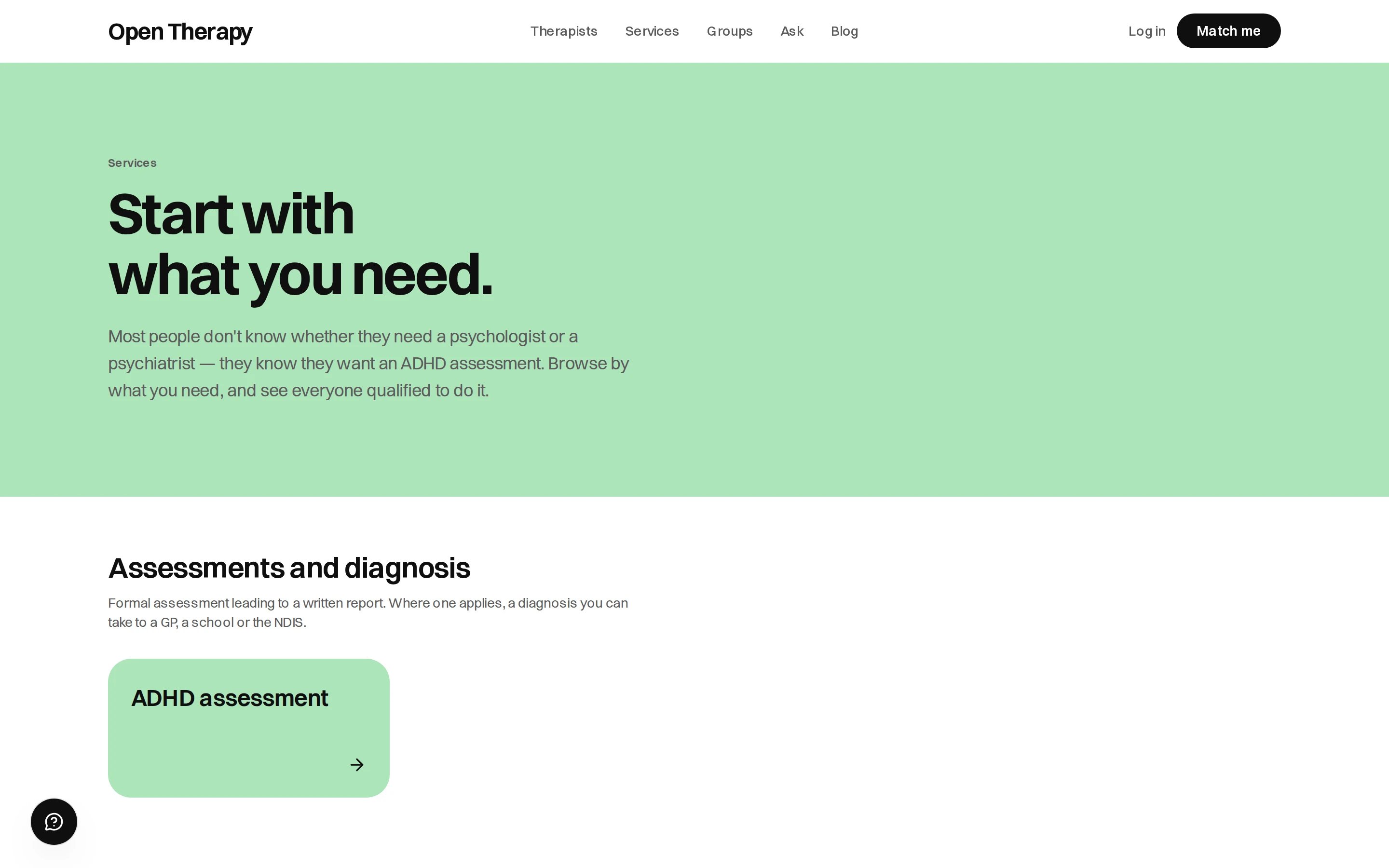 The Services page headed Start with what you need, explaining that you can browse by what you need and see everyone qualified to do it, above an Assessments and diagnosis group containing an ADHD assessment tile