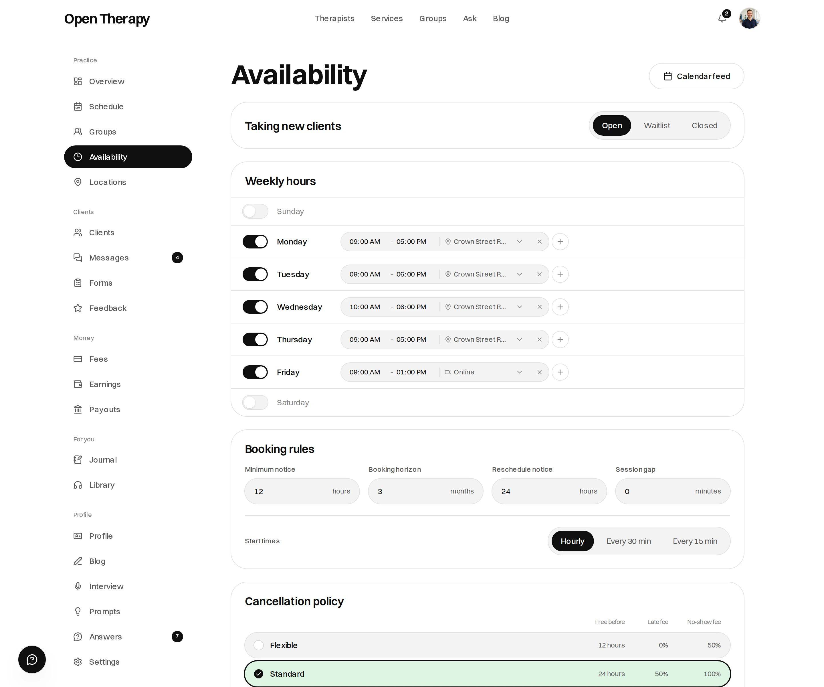 The Availability screen with Open selected ahead of Waitlist and Closed, a weekly pattern with Saturday and Sunday off, Monday to Thursday at Crown Street Rooms, Friday online, booking rules including Start times set to Hourly, and the cancellation presets
