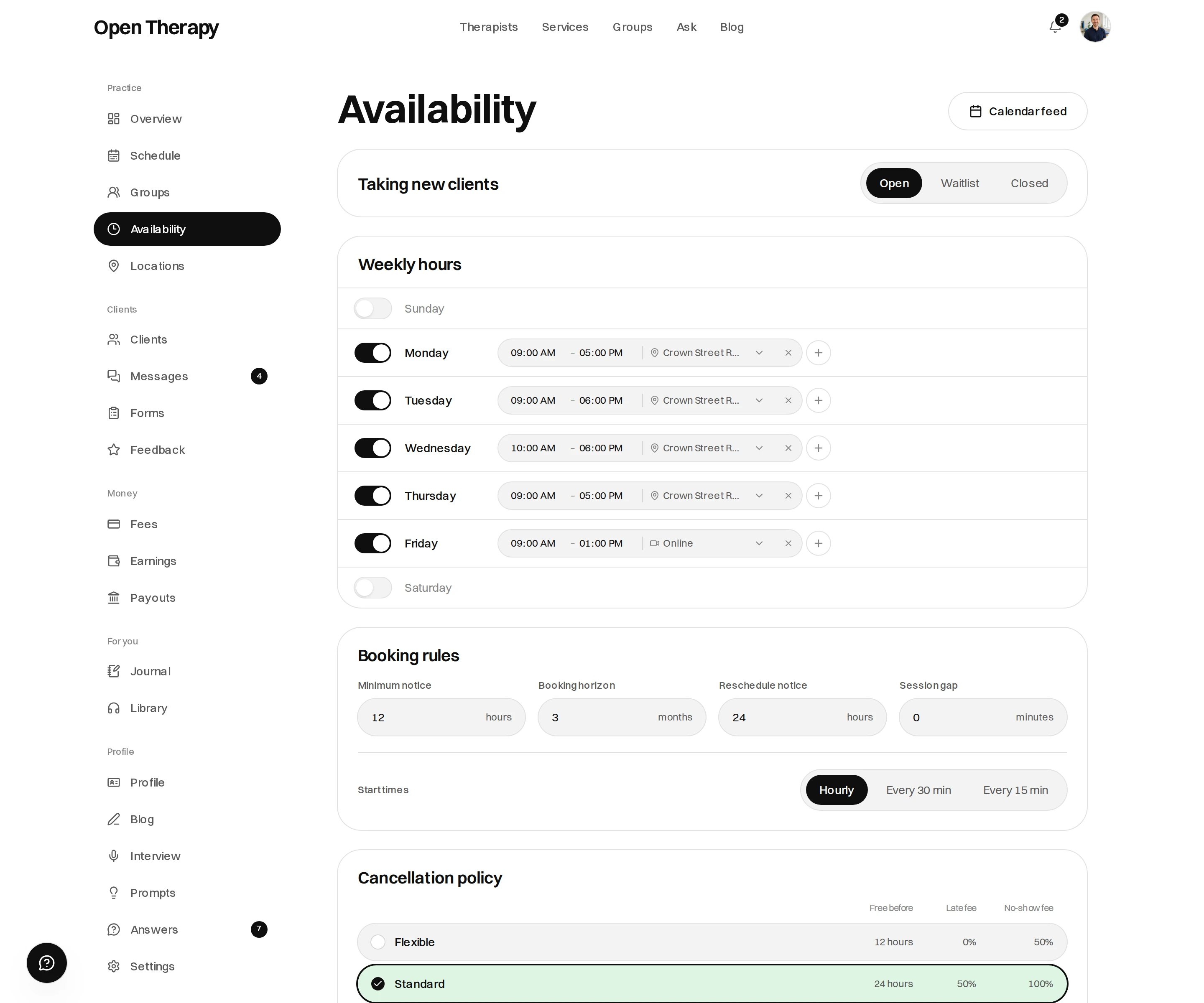 The Availability screen with Open selected ahead of Waitlist and Closed, a weekly pattern with Saturday and Sunday off, Monday to Thursday at Crown Street Rooms, Friday online, booking rules including Start times set to Hourly, and the cancellation presets