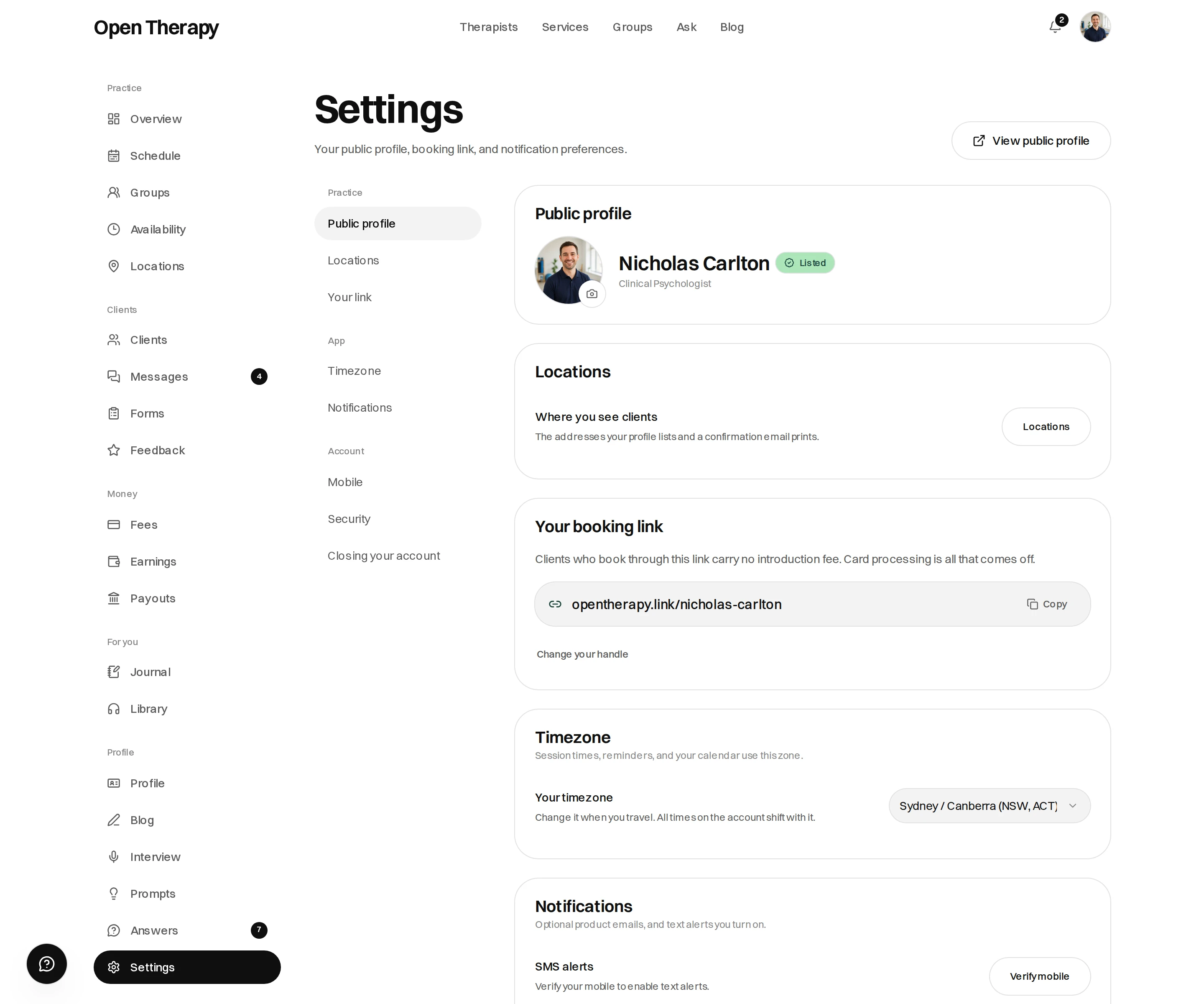 The therapist Settings screen, with a rail listing Public profile, Locations and Your link under Practice and Timezone, Notifications, Security and What you pay under Account, beside a public profile card and a practice location form with name, address, suburb, state, postcode, step-free access, getting here and parking