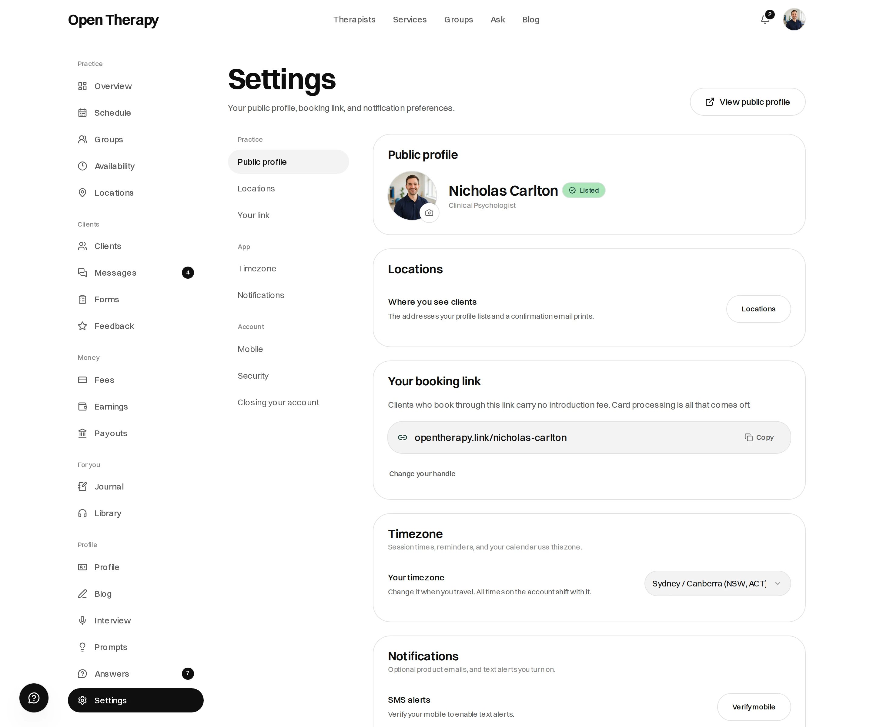 The therapist Settings screen, with a rail listing Public profile, Locations and Your link under Practice and Timezone, Notifications, Security and What you pay under Account, beside a public profile card and a practice location form with name, address, suburb, state, postcode, step-free access, getting here and parking