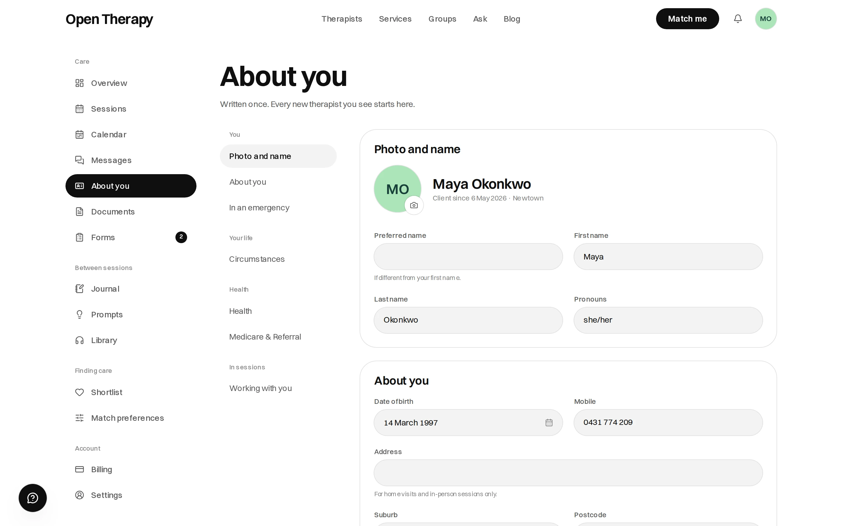 The About you page in the workspace, with a side rail listing Photo and name, About you, In an emergency, Circumstances, Health and Working with you, beside fields for preferred name, first and last name, pronouns, date of birth, mobile and address.