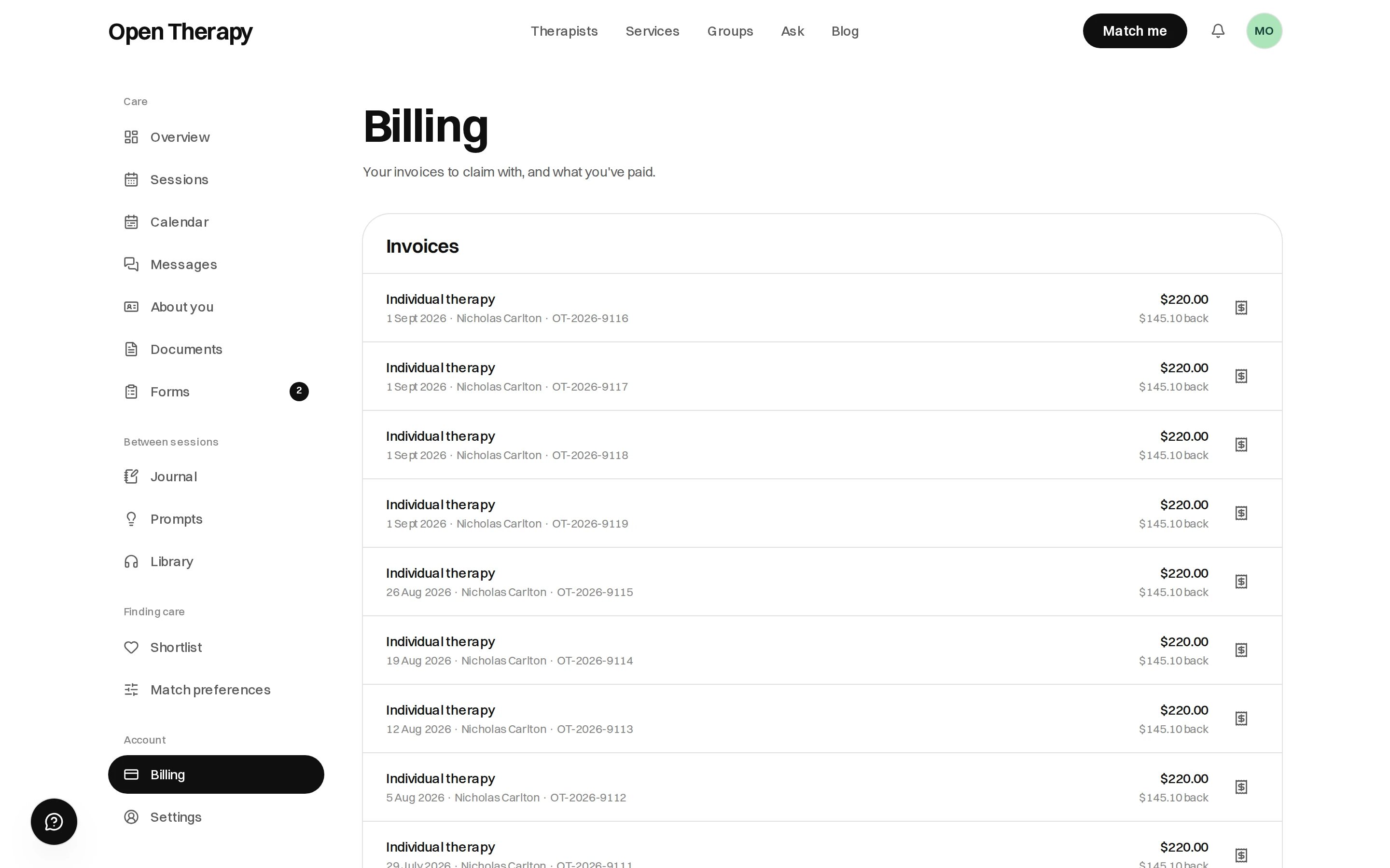 The Billing page in the workspace, headed Your invoices to claim with, and what you've paid, listing individual therapy sessions with the date, the therapist's name, a reference number, the amount charged and the amount claimable back.