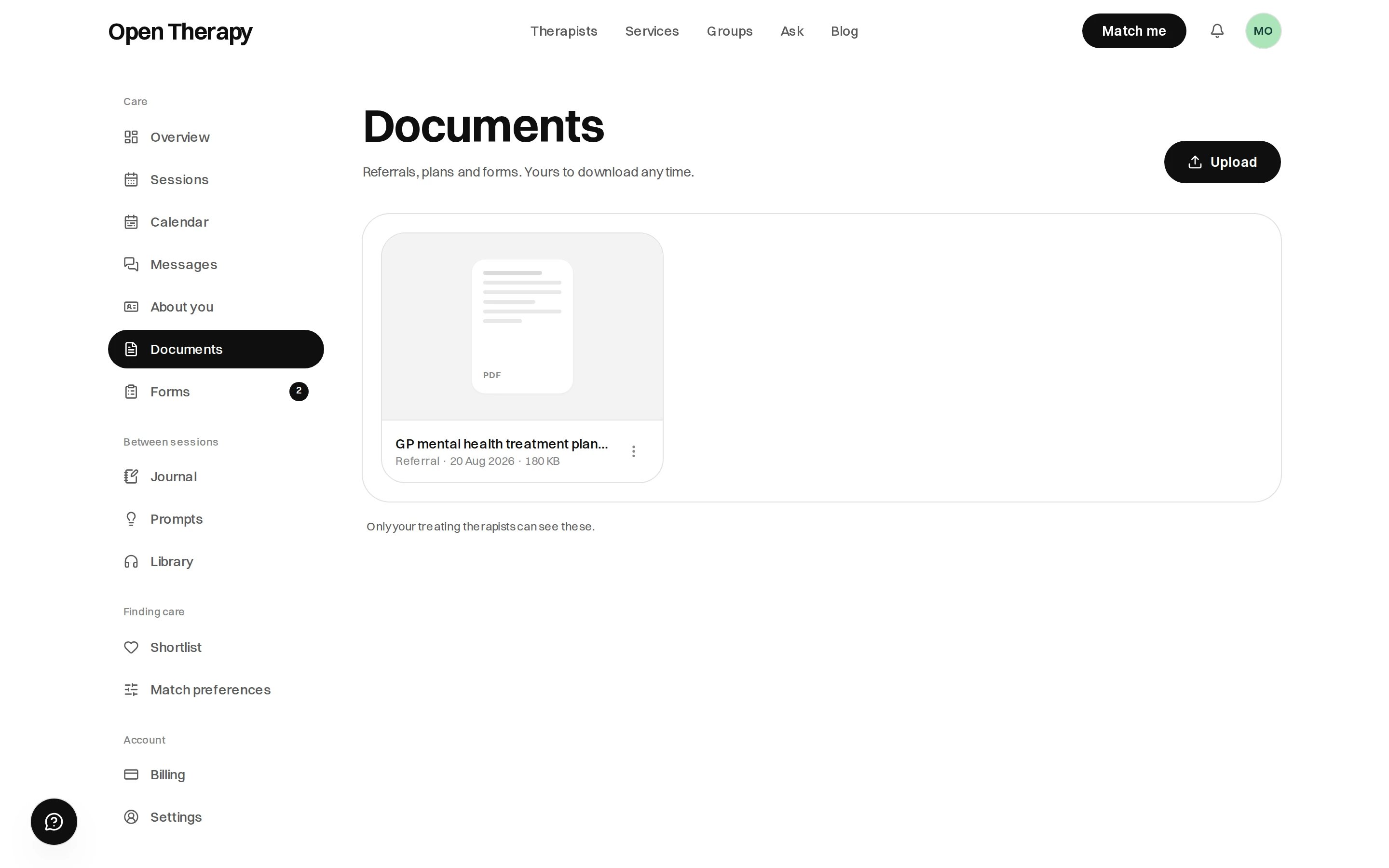 The Documents page in the workspace with an Upload button and one filed PDF, a GP mental health treatment plan tagged as a referral with its date and file size, above a line reading that only your treating therapists can see these.