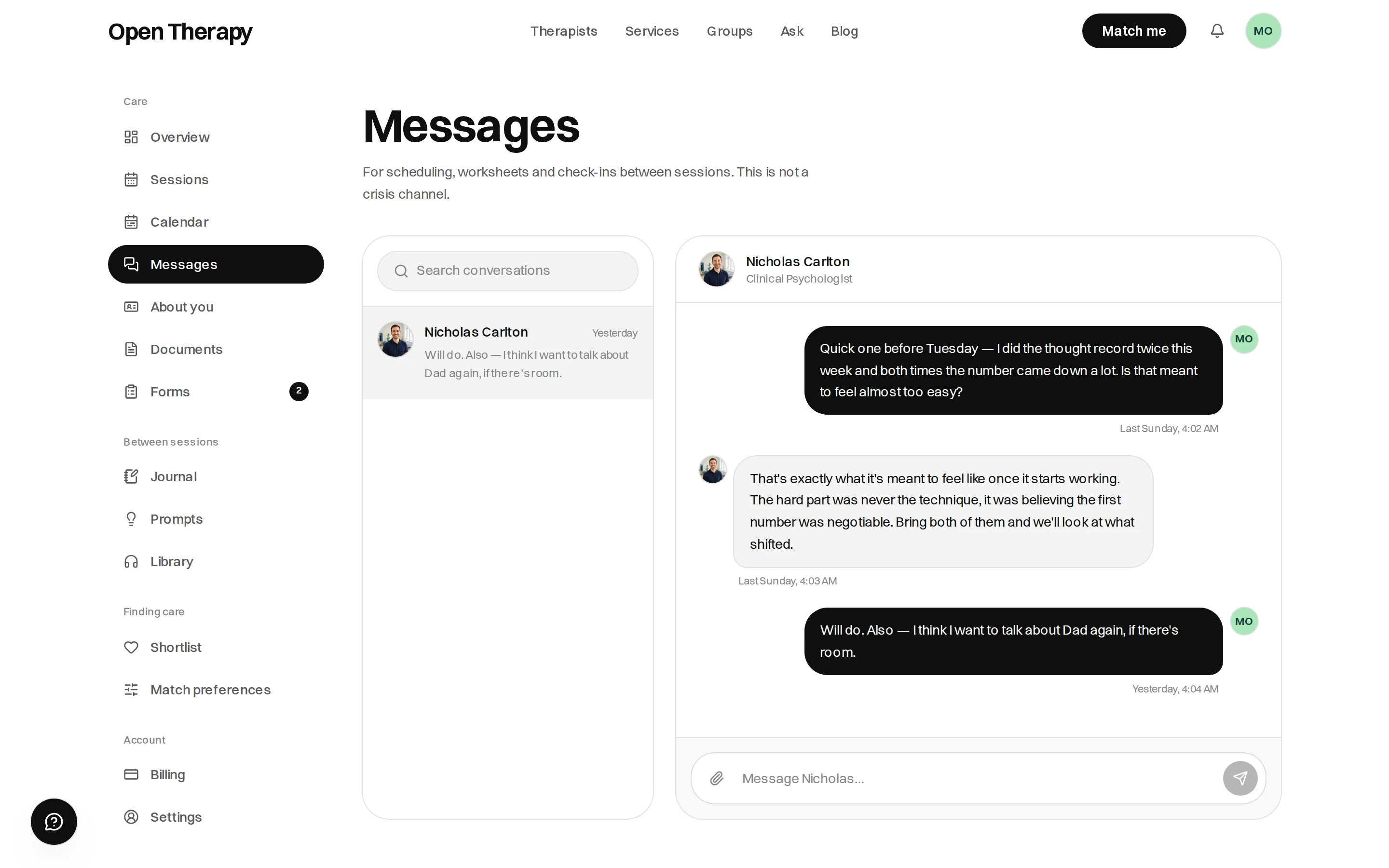 The Messages page in the workspace, noting that it is for scheduling, worksheets and check-ins between sessions and is not a crisis channel, with a searchable conversation list on the left and an open thread with a clinical psychologist on the right above a message box with an attachment button.