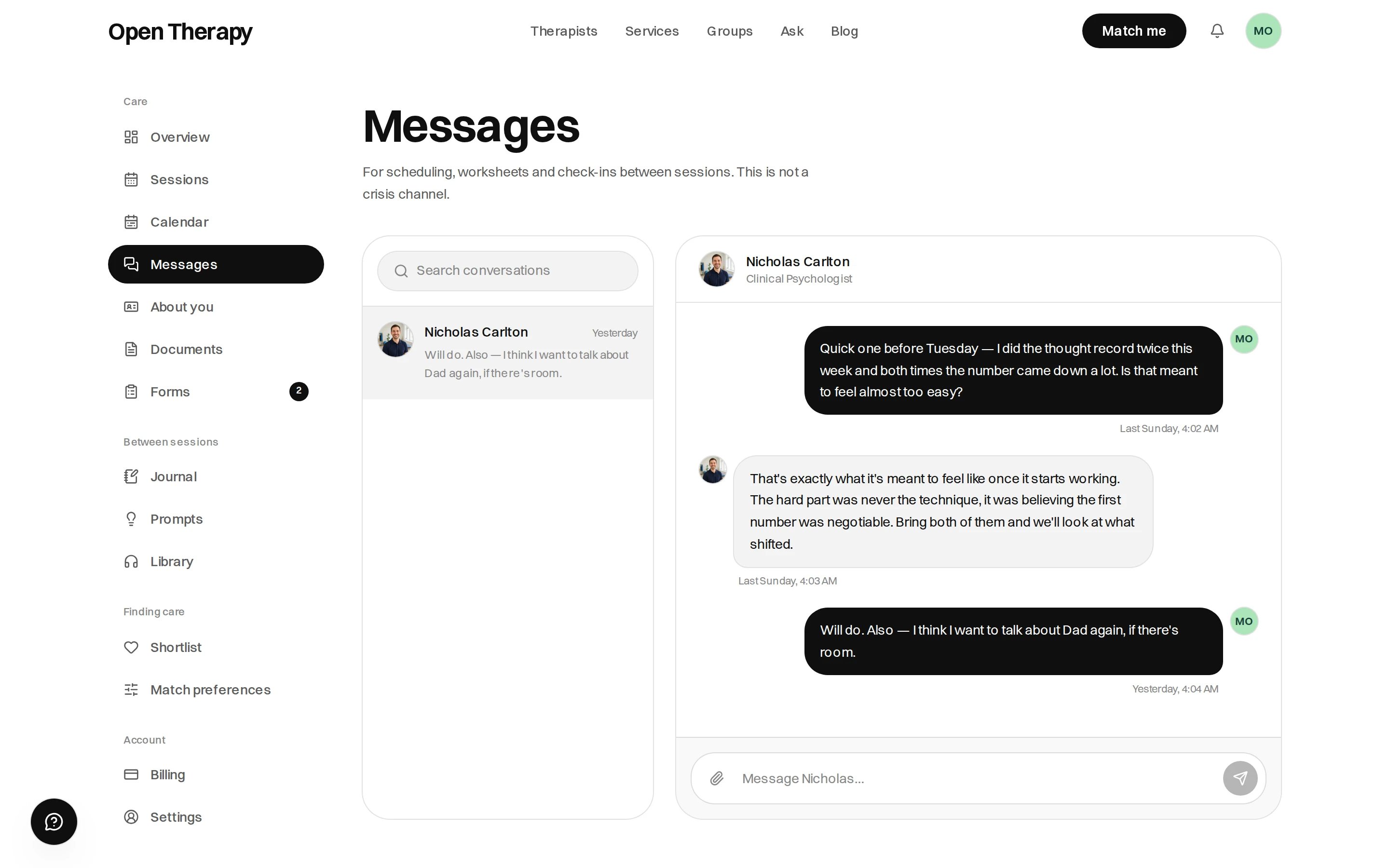 The Messages page in the workspace, noting that it is for scheduling, worksheets and check-ins between sessions and is not a crisis channel, with a searchable conversation list on the left and an open thread with a clinical psychologist on the right above a message box with an attachment button.