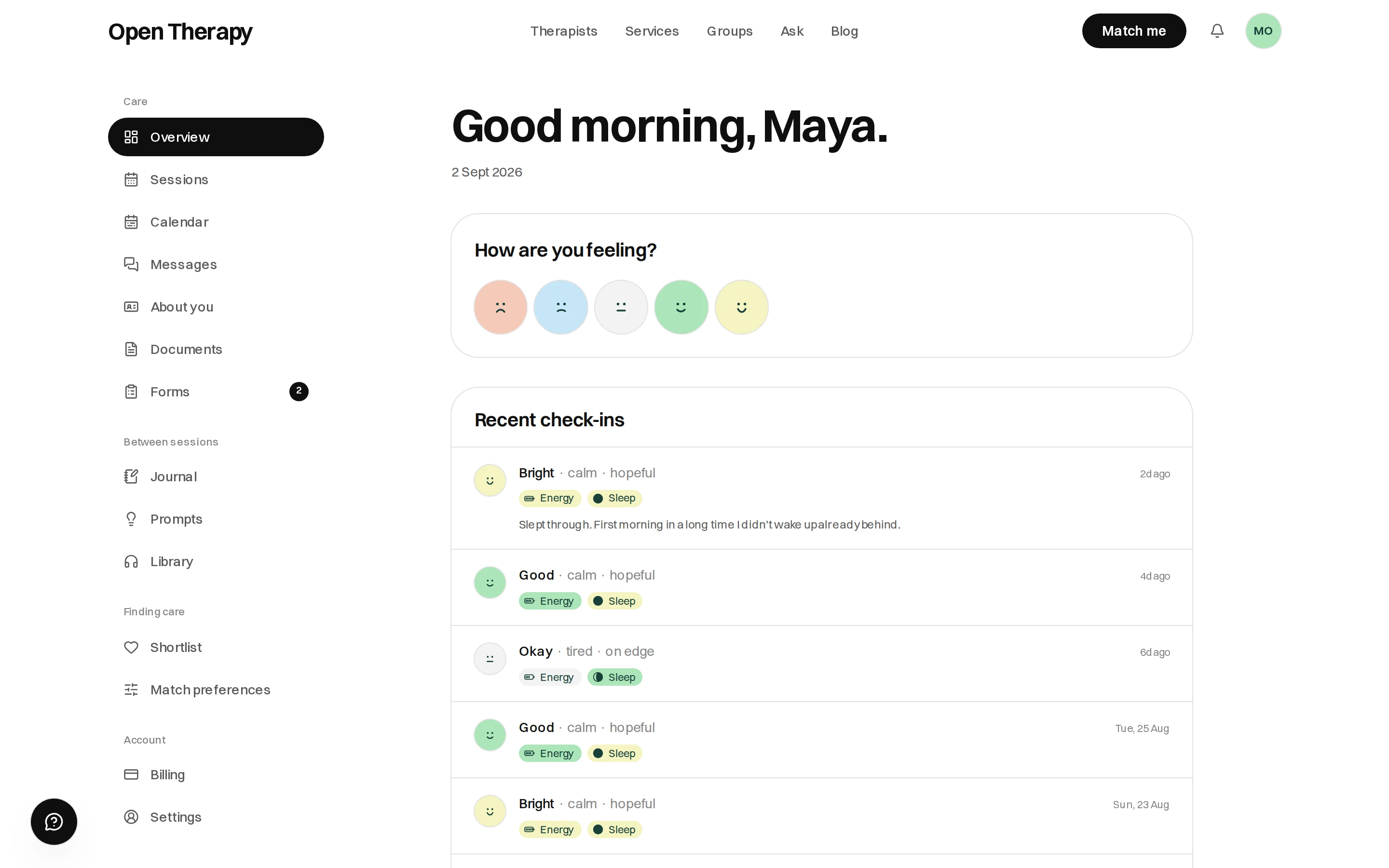 The signed-in Open Therapy workspace, with a morning greeting, a How are you feeling? row of faces, and a list of recent check-ins beside the workspace sidebar