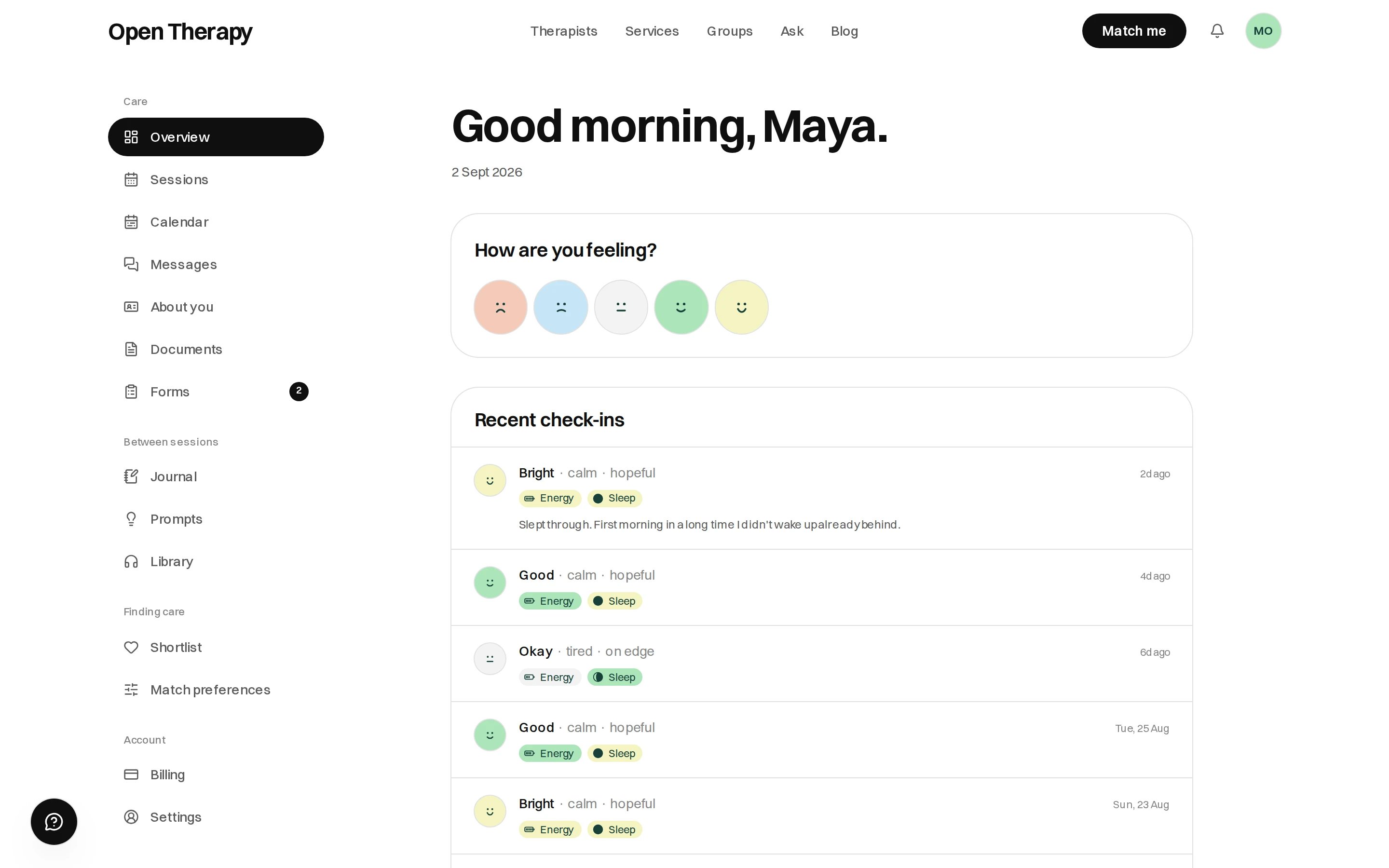 The signed-in Open Therapy workspace, with a morning greeting, a How are you feeling? row of faces, and a list of recent check-ins beside the workspace sidebar