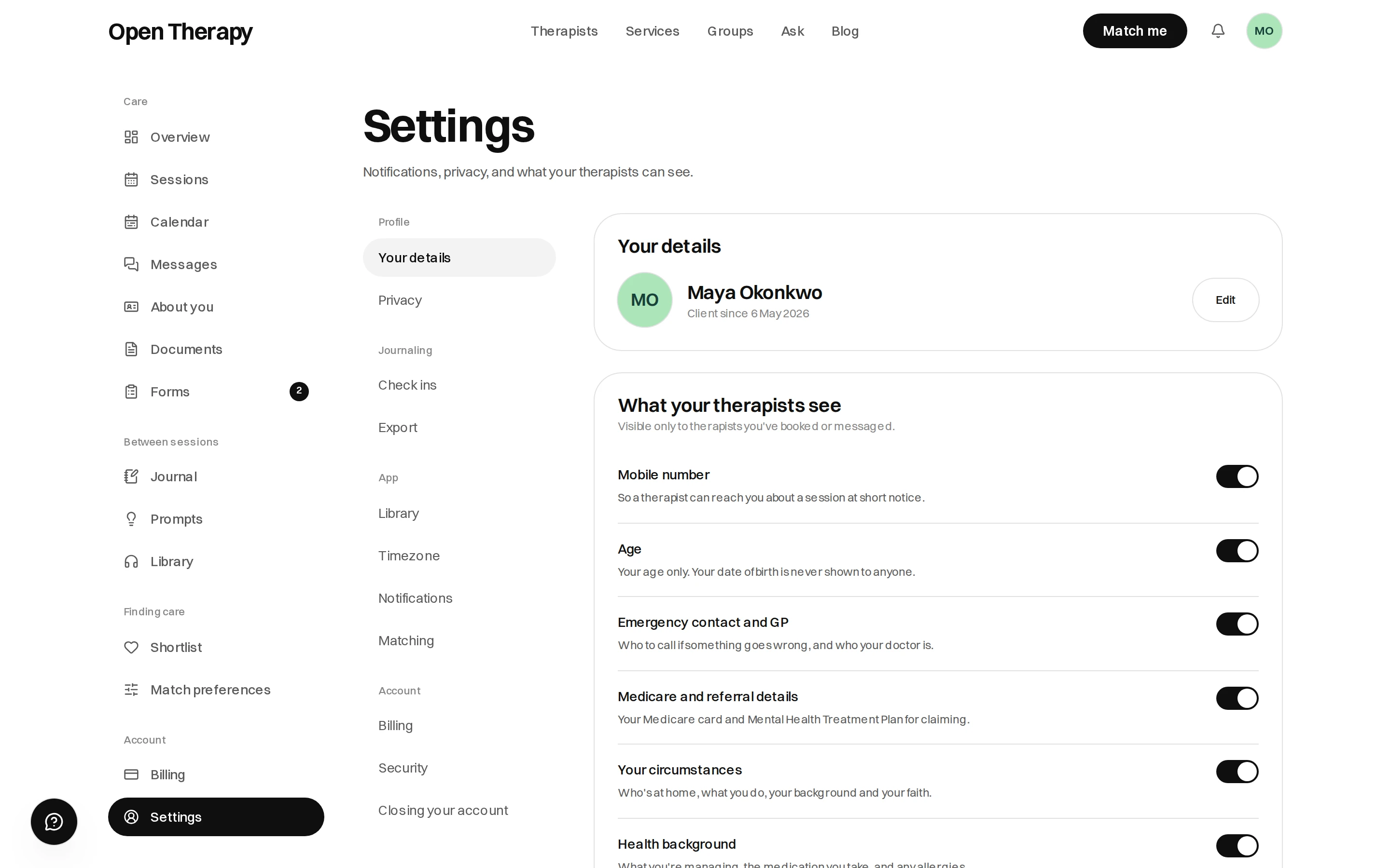 The Settings page in the workspace, with a rail grouped into Profile, Journaling, App and Account, a Your details card, and a What your therapists see panel with separate switches for mobile number, age, emergency contact and GP, circumstances, health background and therapy history.