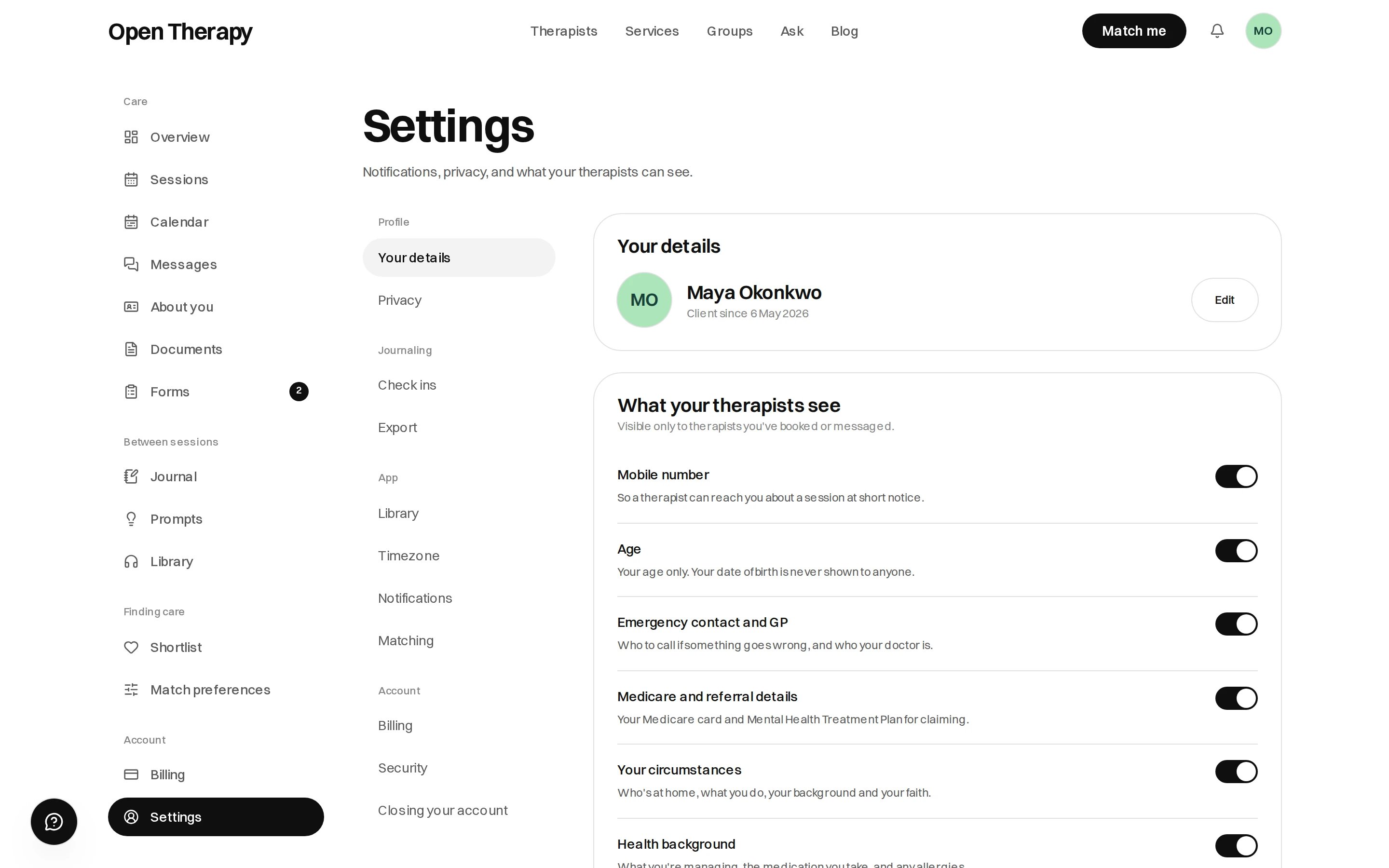 The Settings page in the workspace, with a rail grouped into Profile, Journaling, App and Account, a Your details card, and a What your therapists see panel with separate switches for mobile number, age, emergency contact and GP, circumstances, health background and therapy history.