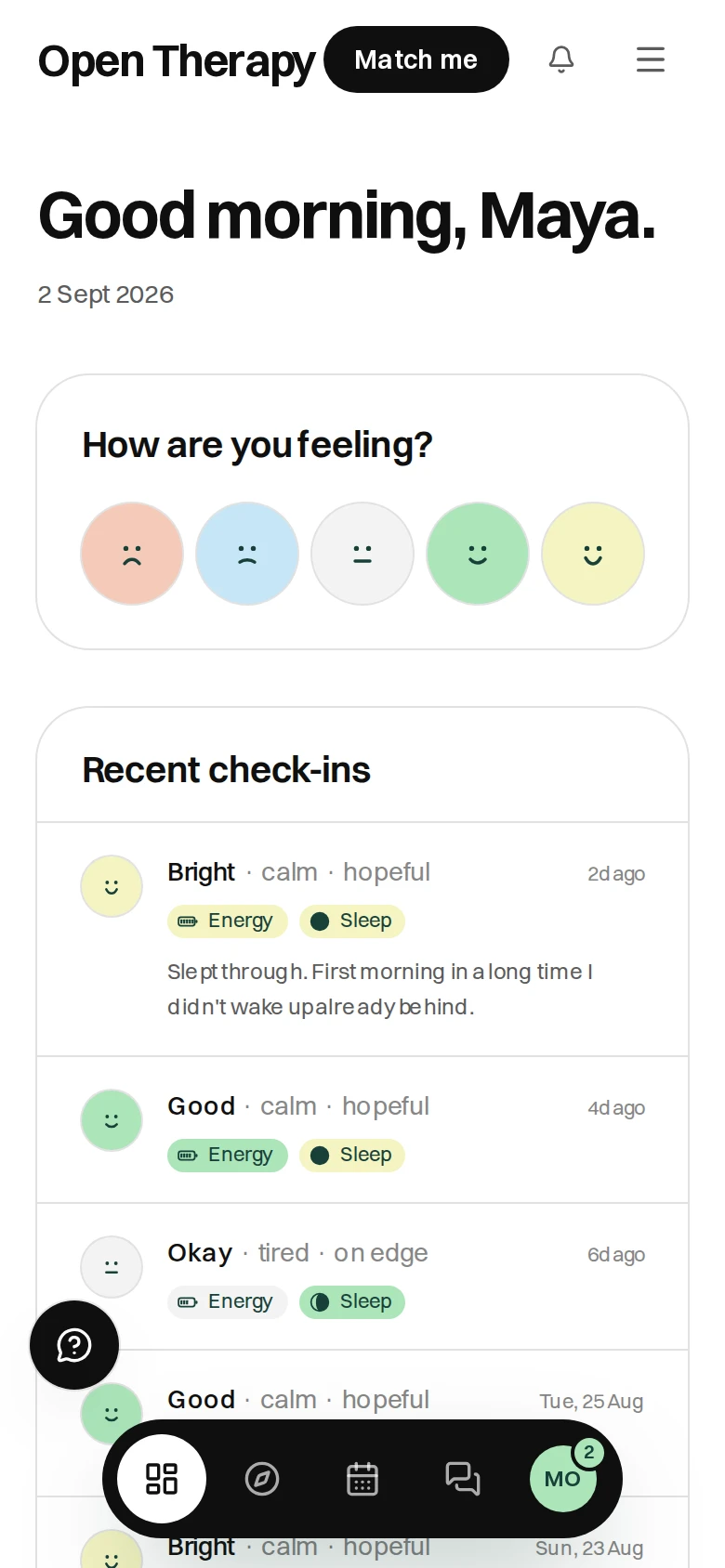 Open Therapy on a phone, showing a Good morning greeting, a How are you feeling? card, recent check-ins, and a dark floating pill at the bottom holding four icons and the client's avatar