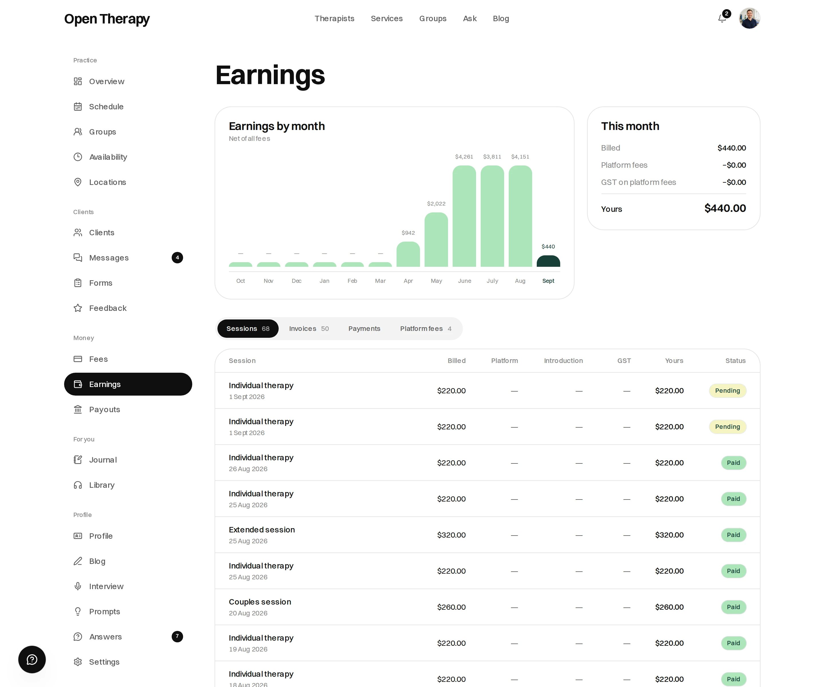 The Earnings screen with a twelve-month net earnings chart, a This month panel reading Billed, Platform fees and GST on platform fees leaving Yours, tabs for Sessions, Invoices, Payments and Platform fees, and a sessions table where billed and yours match on returning sessions