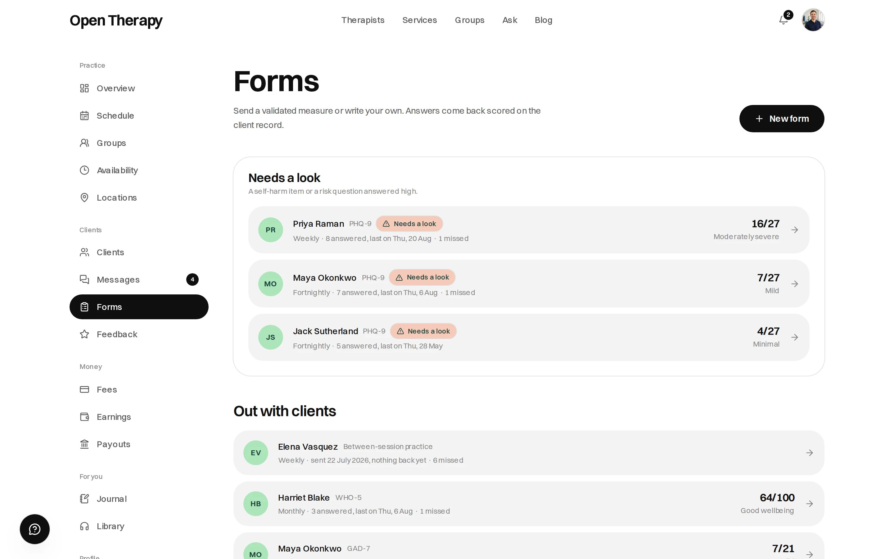 The Forms screen with a New form button, a Needs a look panel holding three flagged PHQ-9 assignments with their scores and severity bands, and an Out with clients list showing each assignment's cadence, how many have been answered, how many were missed and the latest score