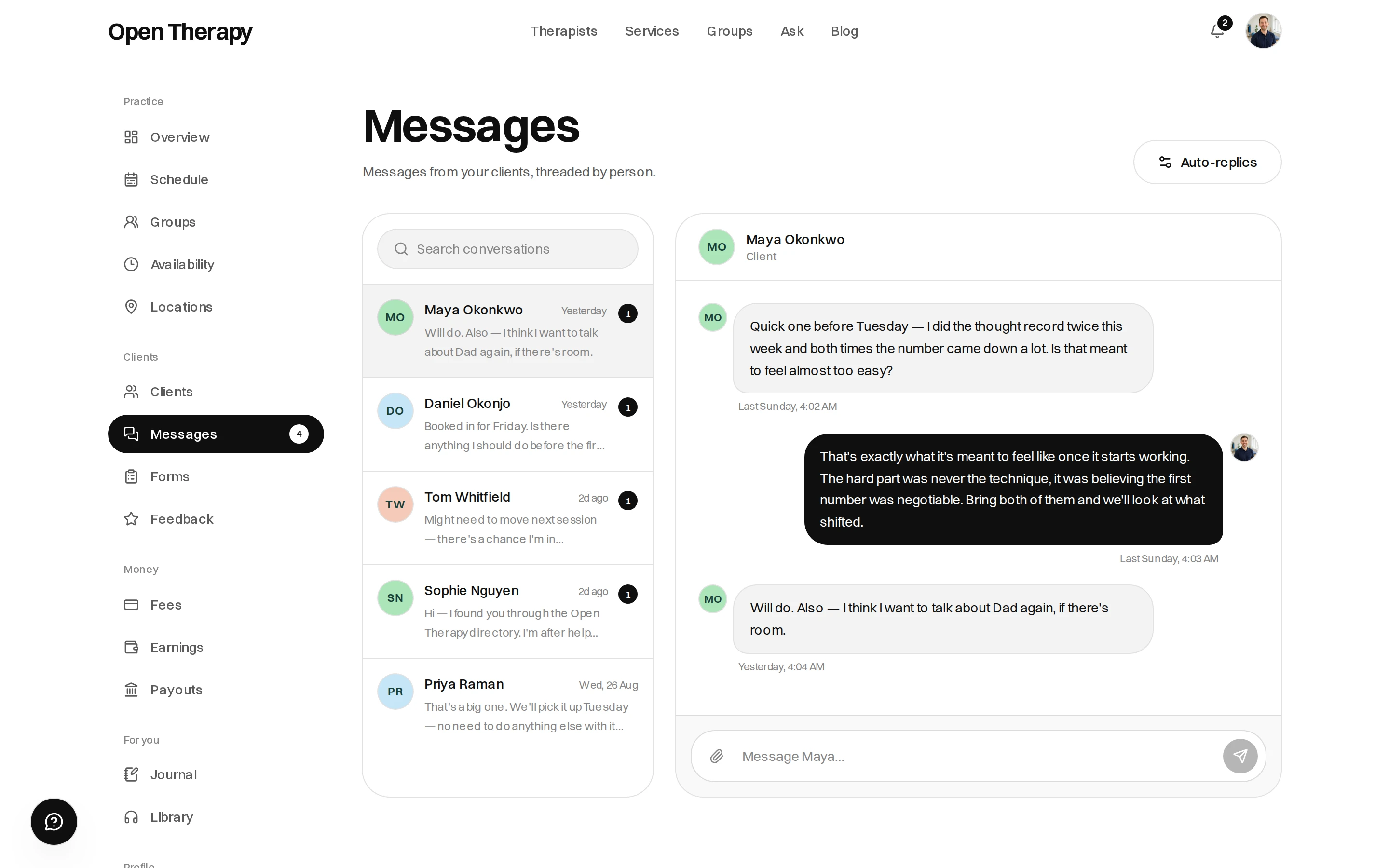 The Messages screen with a searchable list of five conversations, each showing a preview and an unread count, and an open thread with a client where her question and the therapist's reply sit above a box reading Message Maya