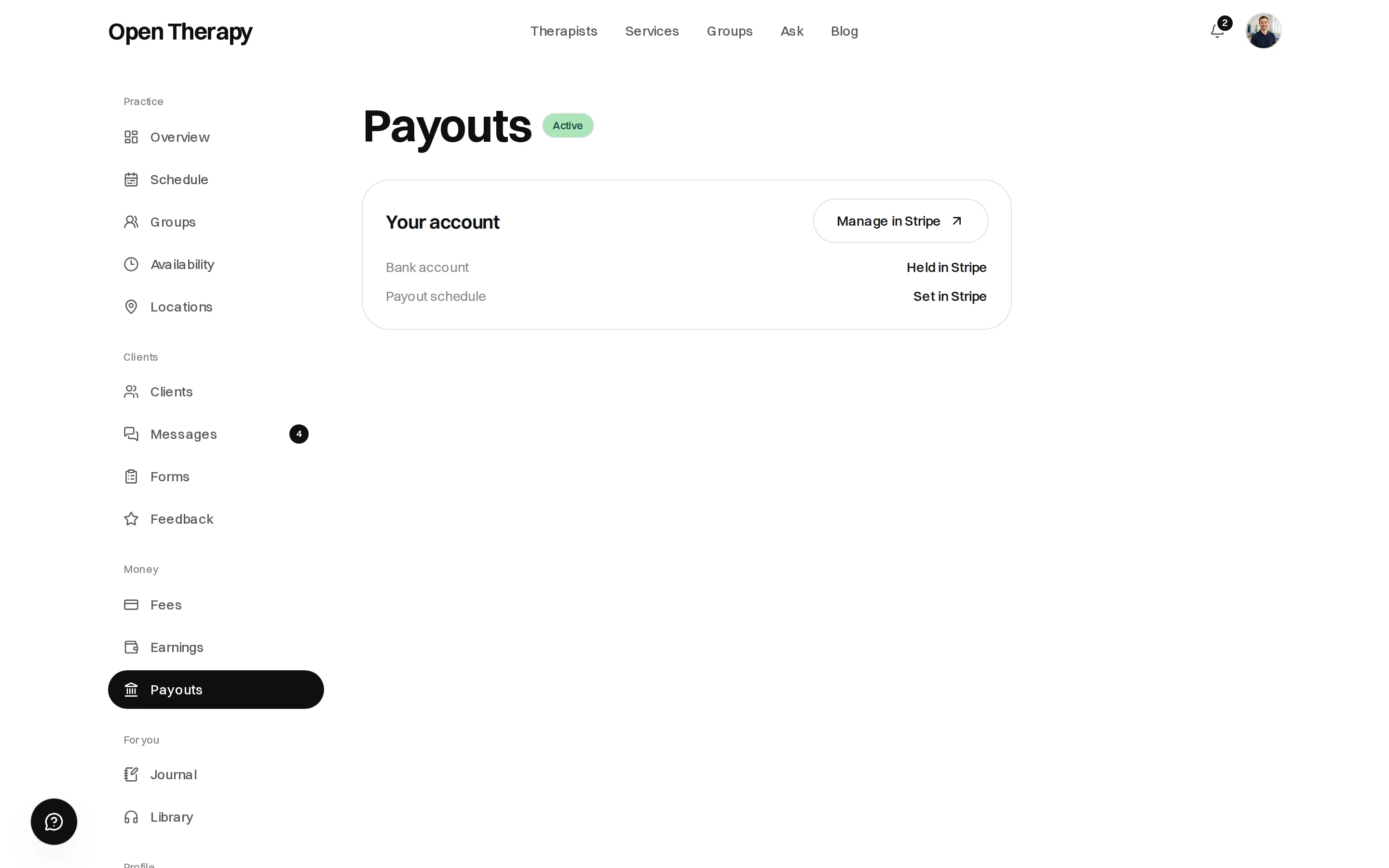 The Payouts screen badged Active, with a Your account panel showing Bank account as Held in Stripe and Payout schedule as Set in Stripe, and a Manage in Stripe button
