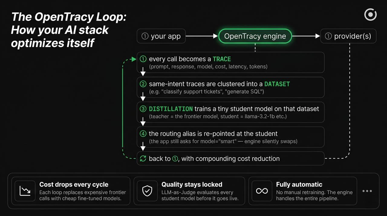 The OpenTracy loop: your app → engine → providers, with trace → dataset → distillation → alias swap feeding back in
