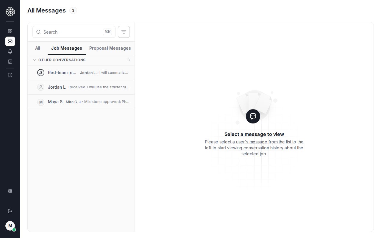 Messaging inbox showing the Job Messages tab with post-hire conversations.