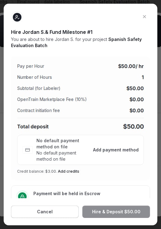 Employer hire and fund modal showing first milestone details, deposit total, payment method, credit balance, and escrow note.