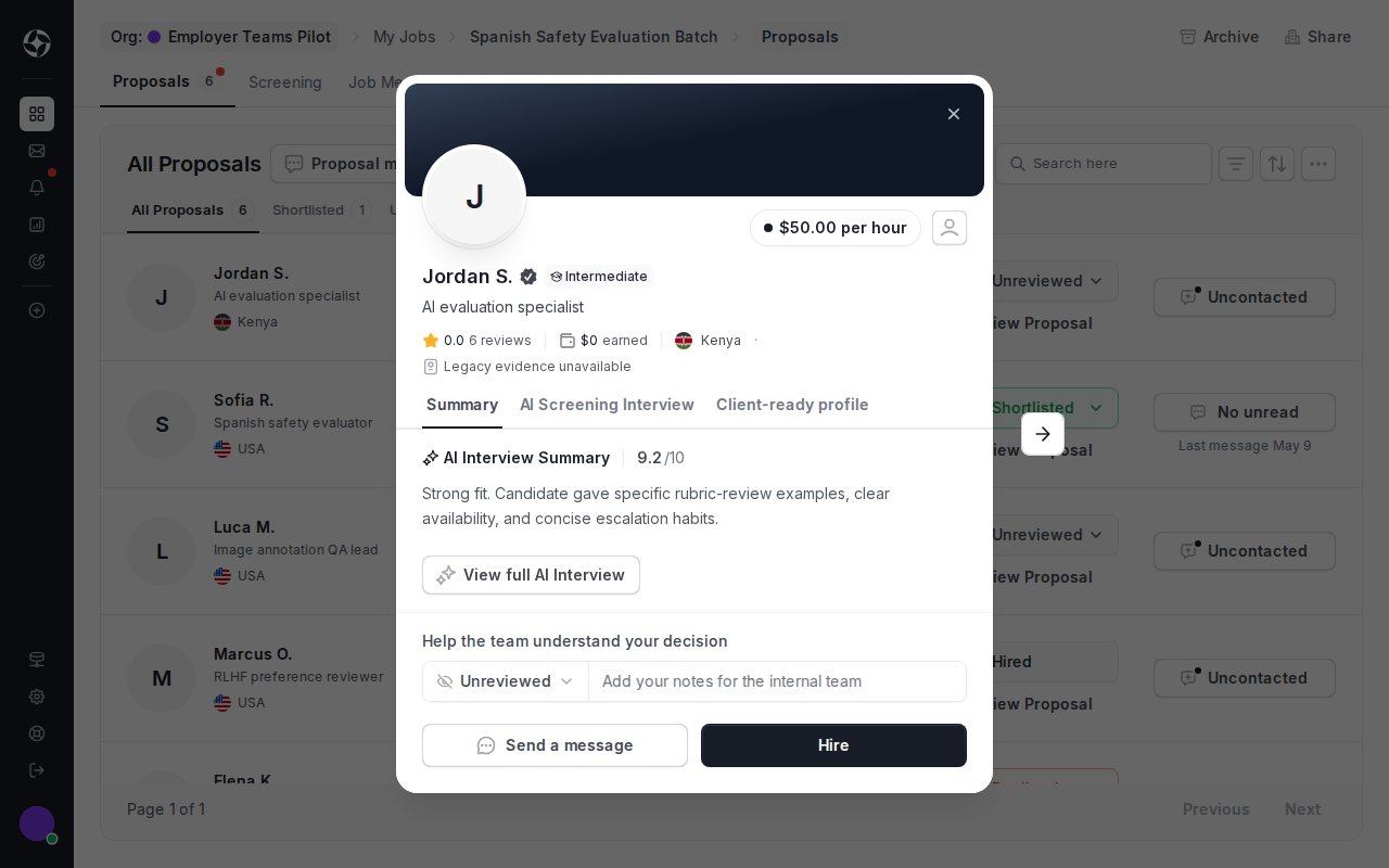 Employer proposal detail modal showing Jordan S., interview score, AI interview summary, internal review status, notes field, Send a message, and Hire action.
