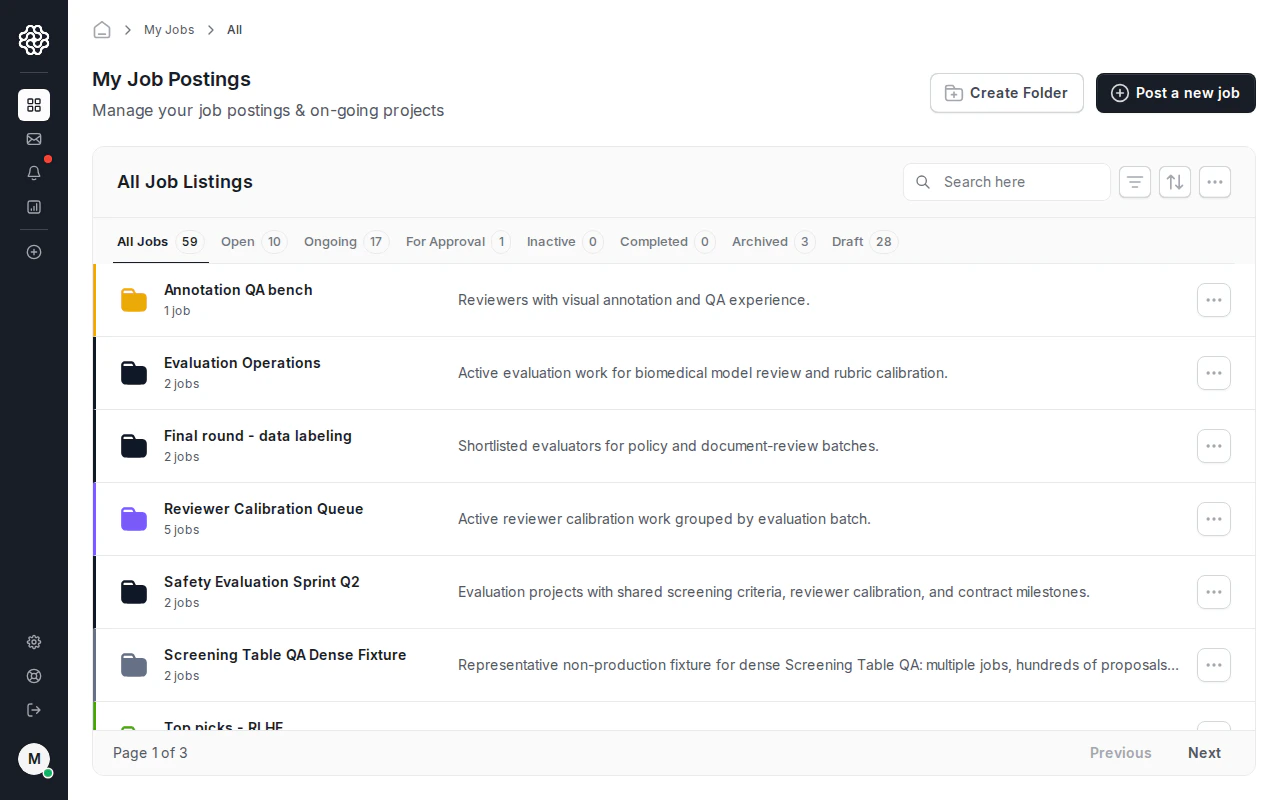 Employer dashboard showing job folders, job status filters, search, and the Post a new job action.