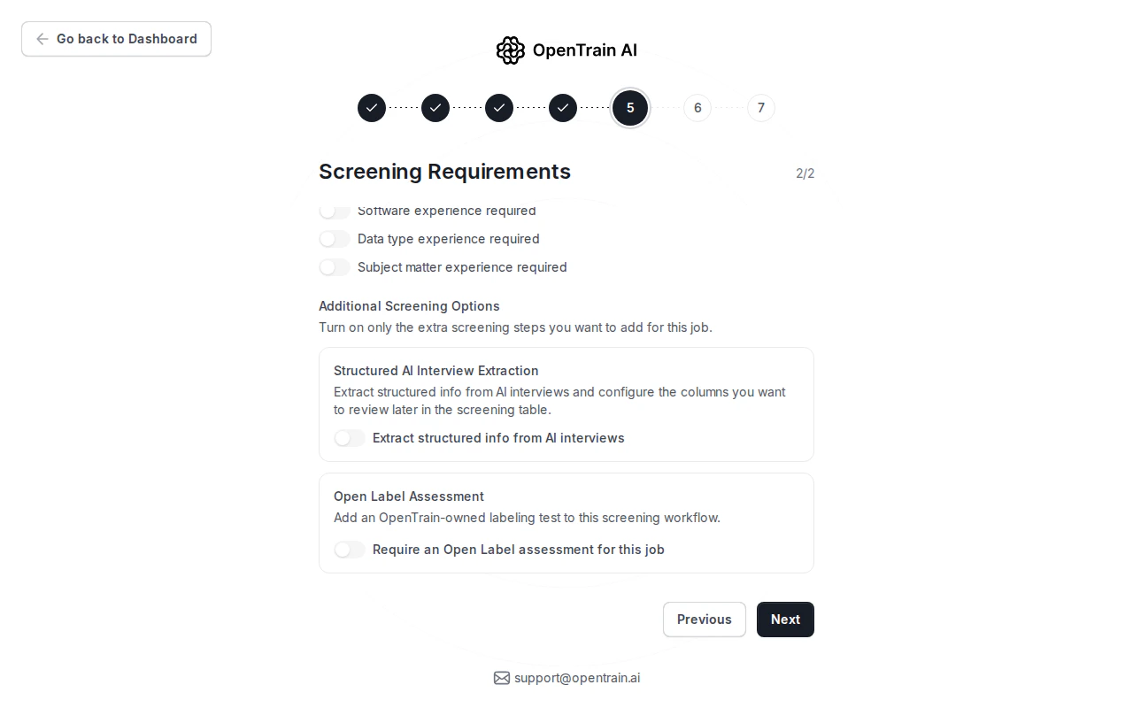 Employer job wizard showing experience requirement toggles, structured AI interview extraction, and Open Label assessment controls.