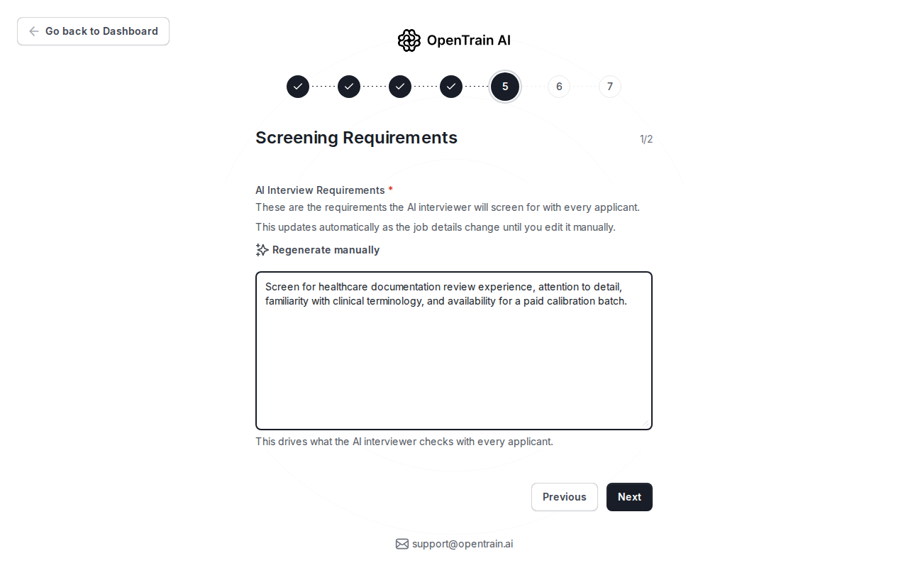 Employer job wizard showing AI interview requirements for healthcare documentation review experience.