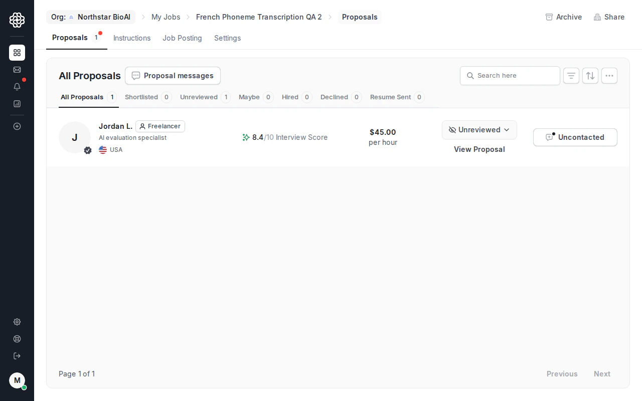 Employer Proposals tab showing an AI trainer proposal with interview score, rate, country, status, and View Proposal action.