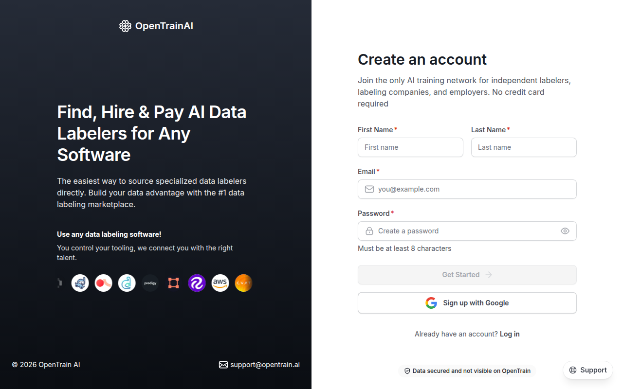 Screenshot of the OpenTrain "Create an account" page on app.opentrain.ai, showing First Name, Last Name, Email, and Password input fields, a Get Started button, and a Sign up with Google option, with the OpenTrain marketing message and supported data-labeling tool logos on the left.