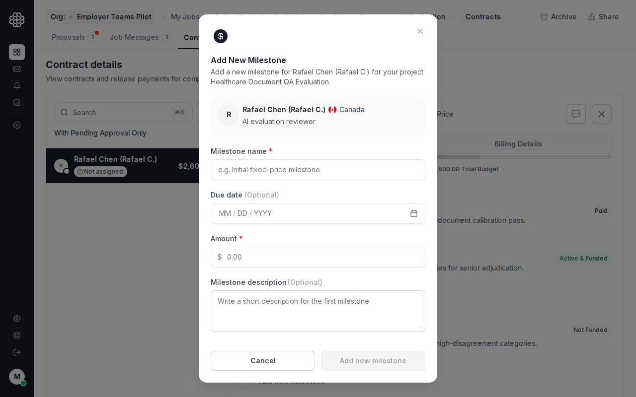 Modal Add Milestone del empleador con campos para el nombre del hito, descripción, monto y fecha de vencimiento.