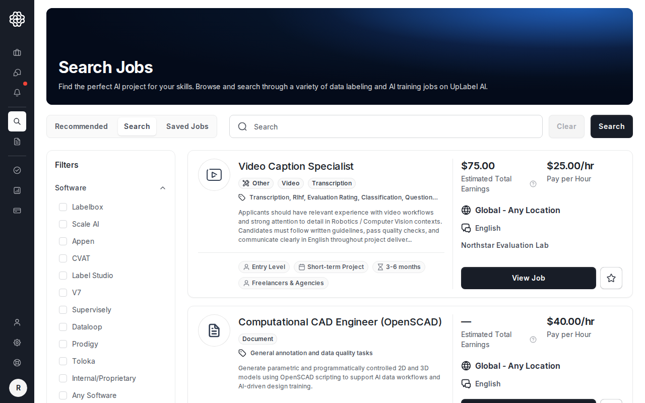 Página Find Jobs de AI Trainer que muestra el encabezado Search Jobs, las pestañas Recommended, Search y Saved Jobs, filtros de software, tarjetas de trabajo, presupuestos, ubicaciones, requisitos de idioma, botones para guardar y acciones View Job.