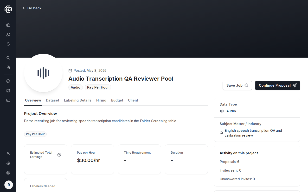 Página de detalles del trabajo de AI Trainer que muestra un anuncio de Audio Transcription QA Reviewer Pool, detalles del presupuesto, pestañas de trabajo, un botón Save Job y un botón Continue Proposal utilizado para abrir el flujo de la propuesta.