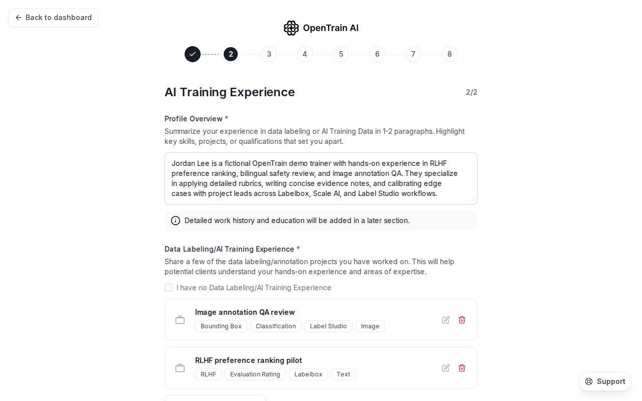 Página 2 de 2 del paso del asistente AI Training Experience (Experiencia en entrenamiento de IA). Un área de texto de Profile Overview (Resumen del perfil) contiene un resumen de varias oraciones por encima del mínimo de 150 caracteres. Debajo, se enumeran dos tarjetas de experiencia en etiquetado: 'Image annotation QA review' (Revisión de control de calidad de anotación de imágenes) etiquetada con Bounding Box (Cuadro delimitador), Classification (Clasificación), Label Studio, Image (Imagen); y 'RLHF preference ranking pilot' (Piloto de clasificación de preferencias de RLHF) etiquetada con RLHF, Evaluation Rating (Evaluación/Calificación), Labelbox, Text (Texto). Cada tarjeta tiene botones de edición y eliminación a la derecha.