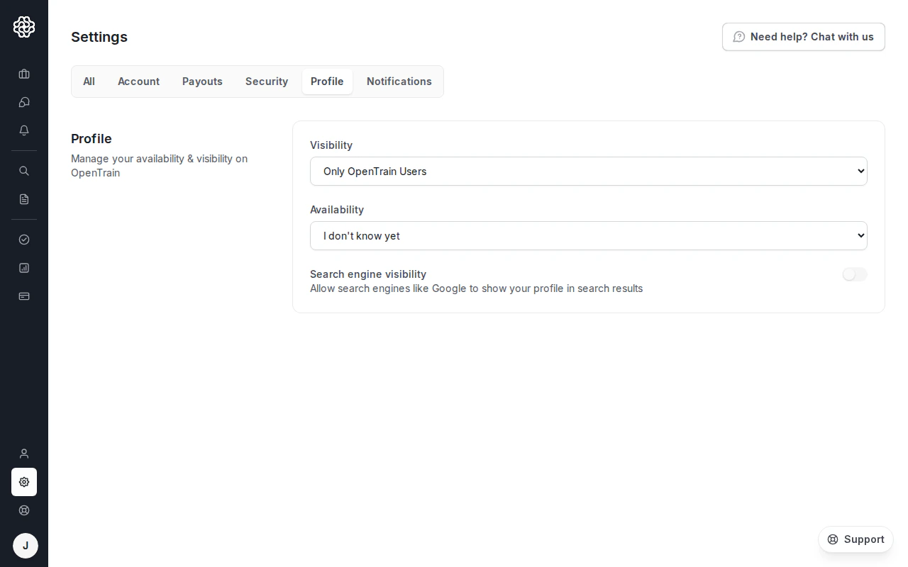 La página Settings (Configuración) con la pestaña Profile (Perfil) seleccionada. Una tarjeta con la etiqueta 'Profile' (Perfil) y la descripción 'Manage your availability and visibility on OpenTrain' (Gestiona tu disponibilidad y visibilidad en OpenTrain) contiene un menú desplegable Visibility (Visibilidad) configurado en 'Only OpenTrain Users' (Solo usuarios de OpenTrain), un menú desplegable Availability (Disponibilidad) configurado en 'I don't know yet' (Aún no lo sé) y un interruptor desactivado de Search engine visibility (Visibilidad en motores de búsqueda) con la etiqueta 'Allow search engines like Google to show your profile in search results' (Permitir que motores de búsqueda como Google muestren tu perfil en los resultados de búsqueda).