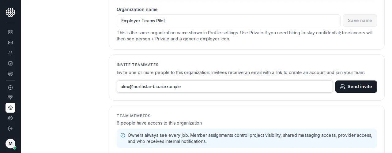 Invite teammates card with an email address entered and the Send invite button ready.