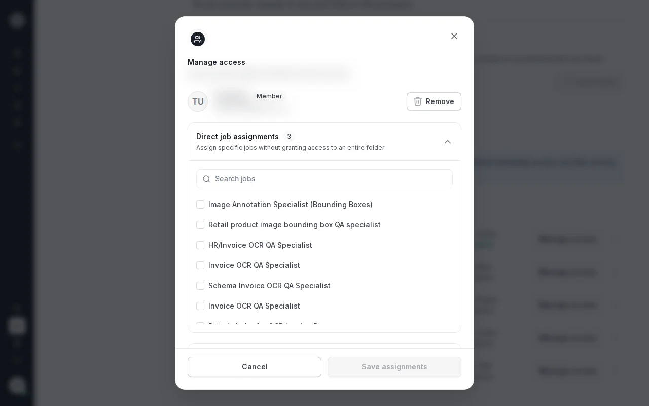 Manage access modal with job and folder access controls for a teammate.