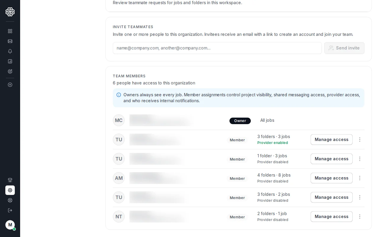 Team members list showing an owner and teammate rows with role and access summary.