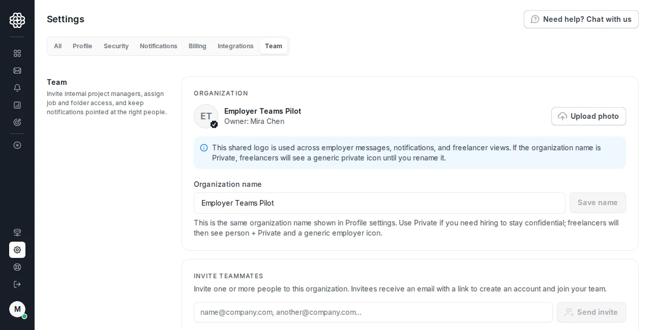 Employer Settings Team tab showing organization details, the invite teammates form, and team controls.