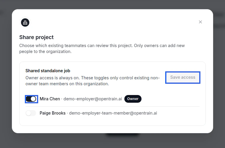 Focused crop of the Share project modal showing the teammate toggle and Save access button.