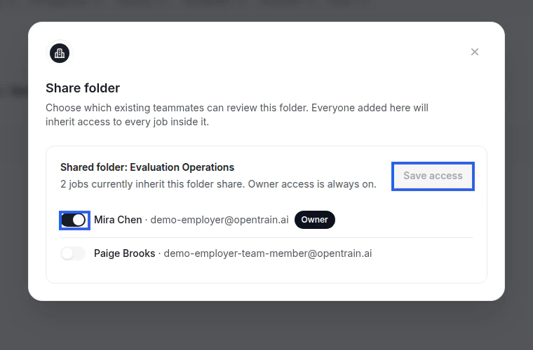 Focused crop of the Share folder modal showing inherited job count, teammate toggles, and Save access.