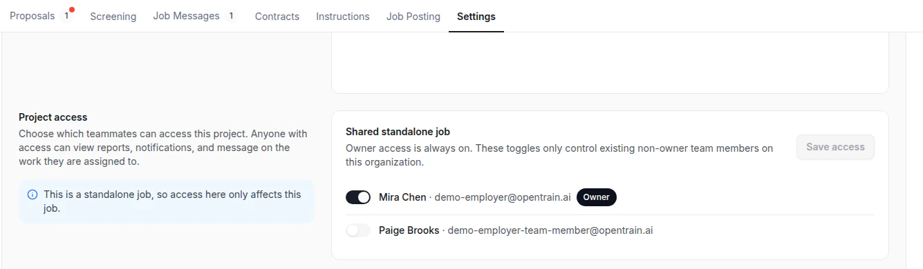 Focused crop of Job Settings Project access showing the access explanation, owner row, teammate toggle, and Save access button.