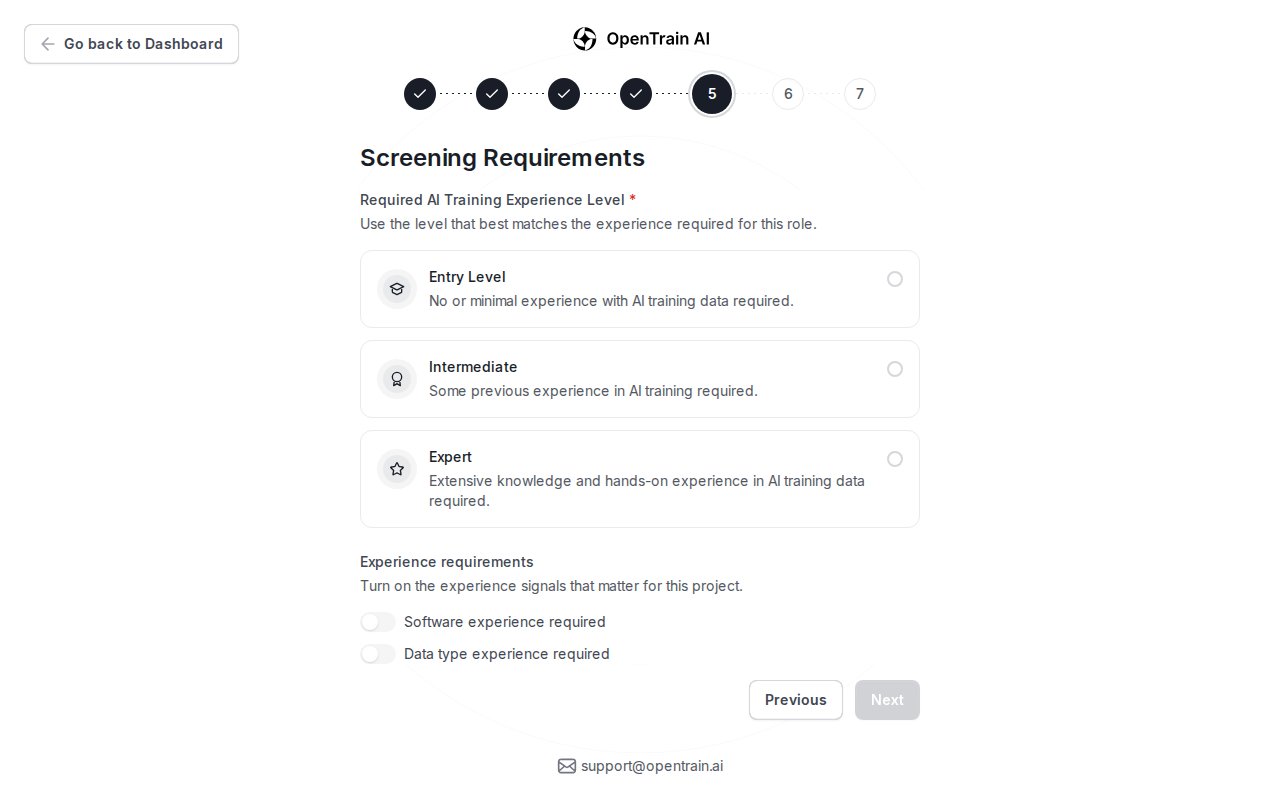 Post a Job wizard showing the required AI training experience level options and experience requirement toggles.