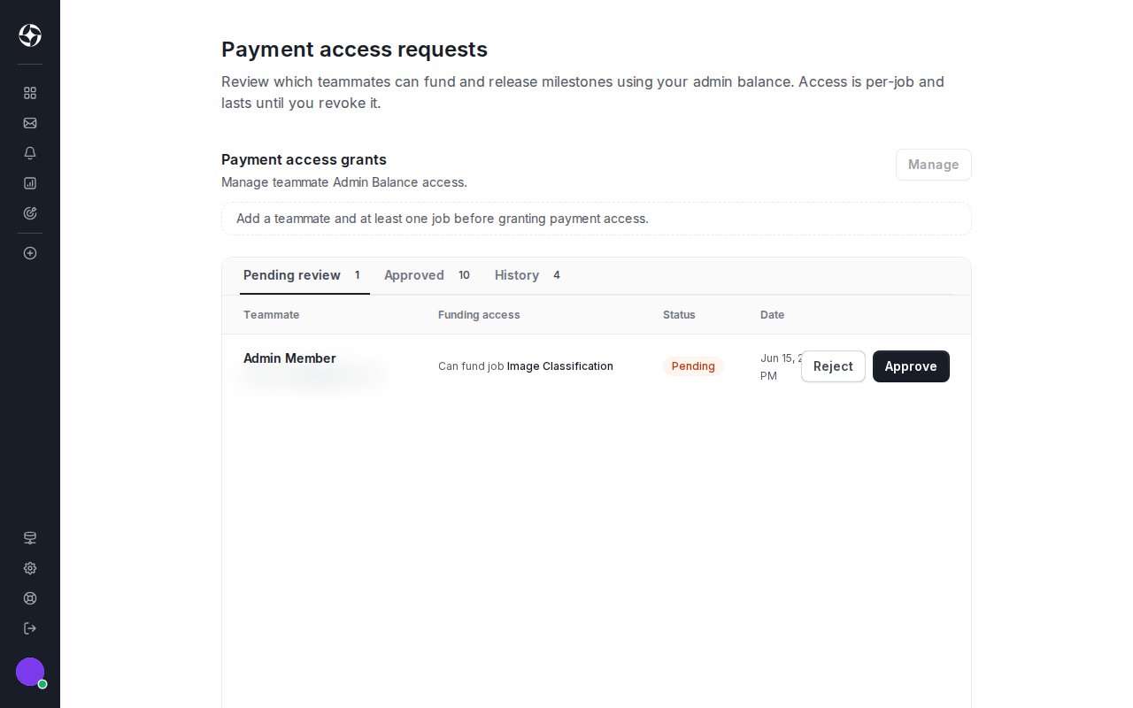 Employer Payment access requests page showing a pending teammate request with job scope, status, date, and Reject and Approve actions.