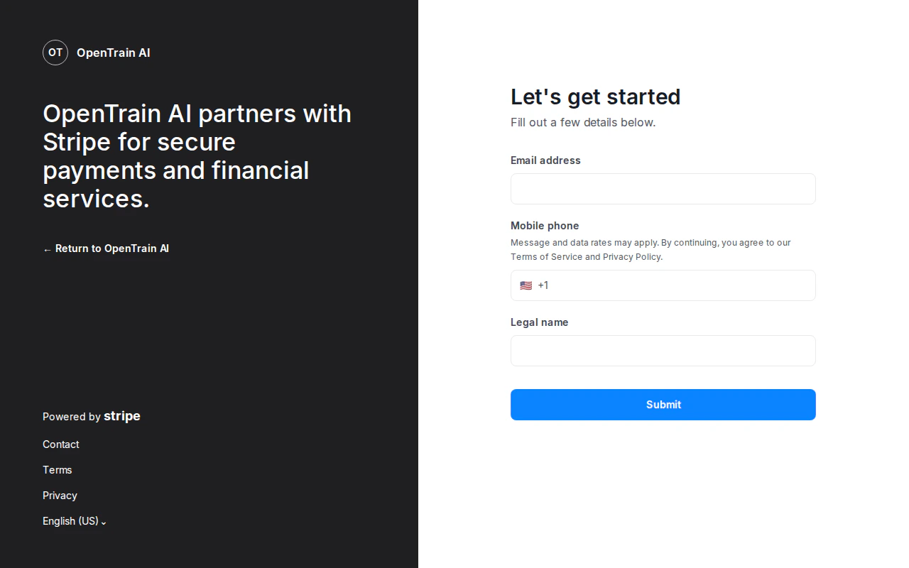 The first step of the Stripe-hosted secure form opened from OpenTrain, showing the OpenTrain branding panel on the left and the form fields on the right where the freelancer begins entering bank details.