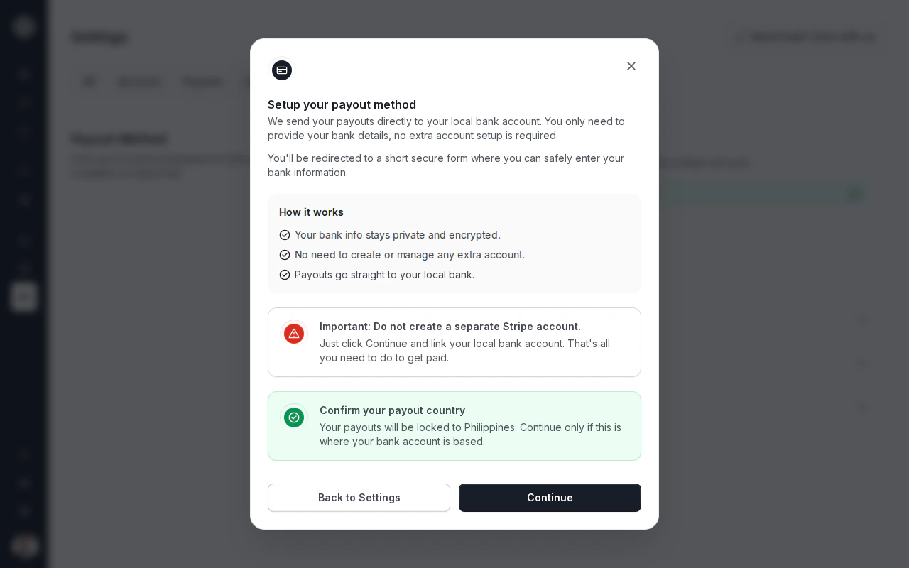 The full Setup your payout method modal in OpenTrain, showing the How it works callout, the Important: Do not create a separate Stripe account alert, the Confirm your payout country callout, and the Back to Settings and Continue buttons all visible together.