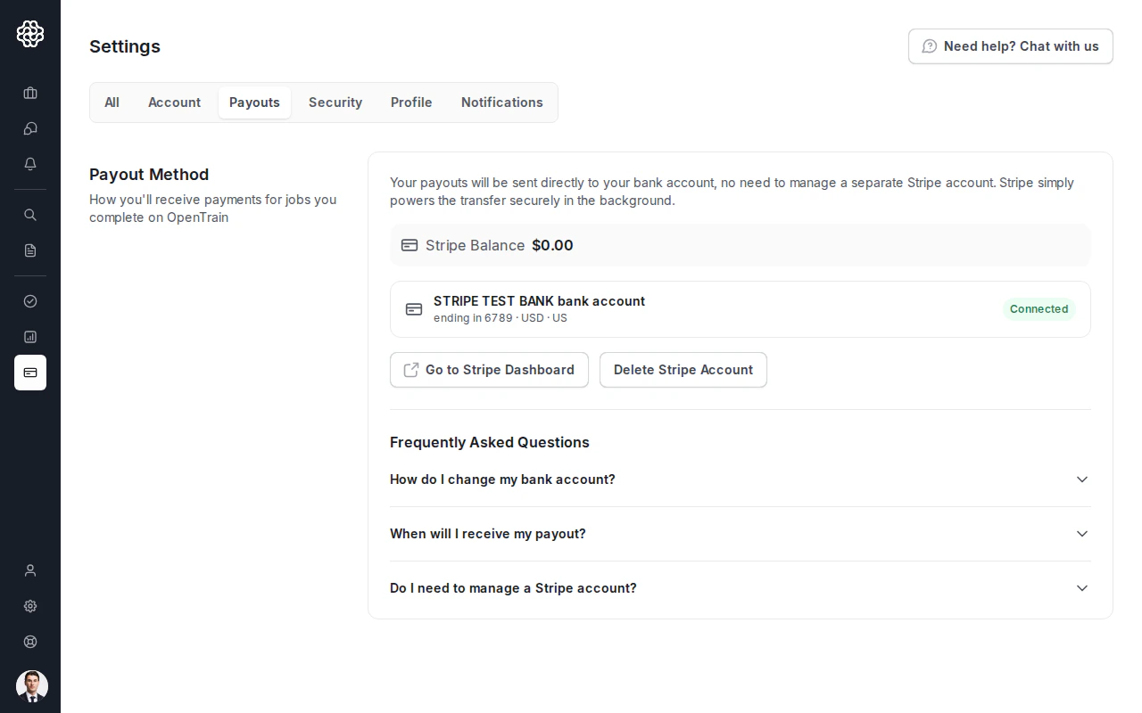 The connected-state content card on the OpenTrain Payouts tab, showing the connected bank account, the Stripe Balance row, and the Go to Stripe Dashboard and Delete Stripe Account buttons.